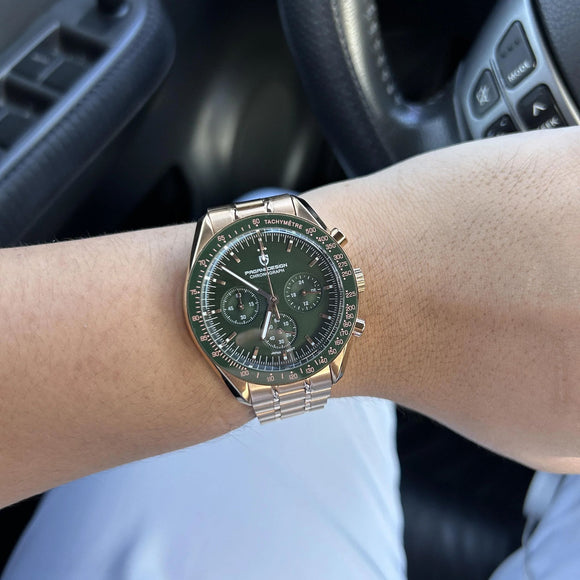 Pagani Design PD-1701 Speedmaster Moonwatch Men's 40mm Seiko VK63 Chronograph Quartz Watch Sapphire Crystal 100m Waterproof - Golden Green
