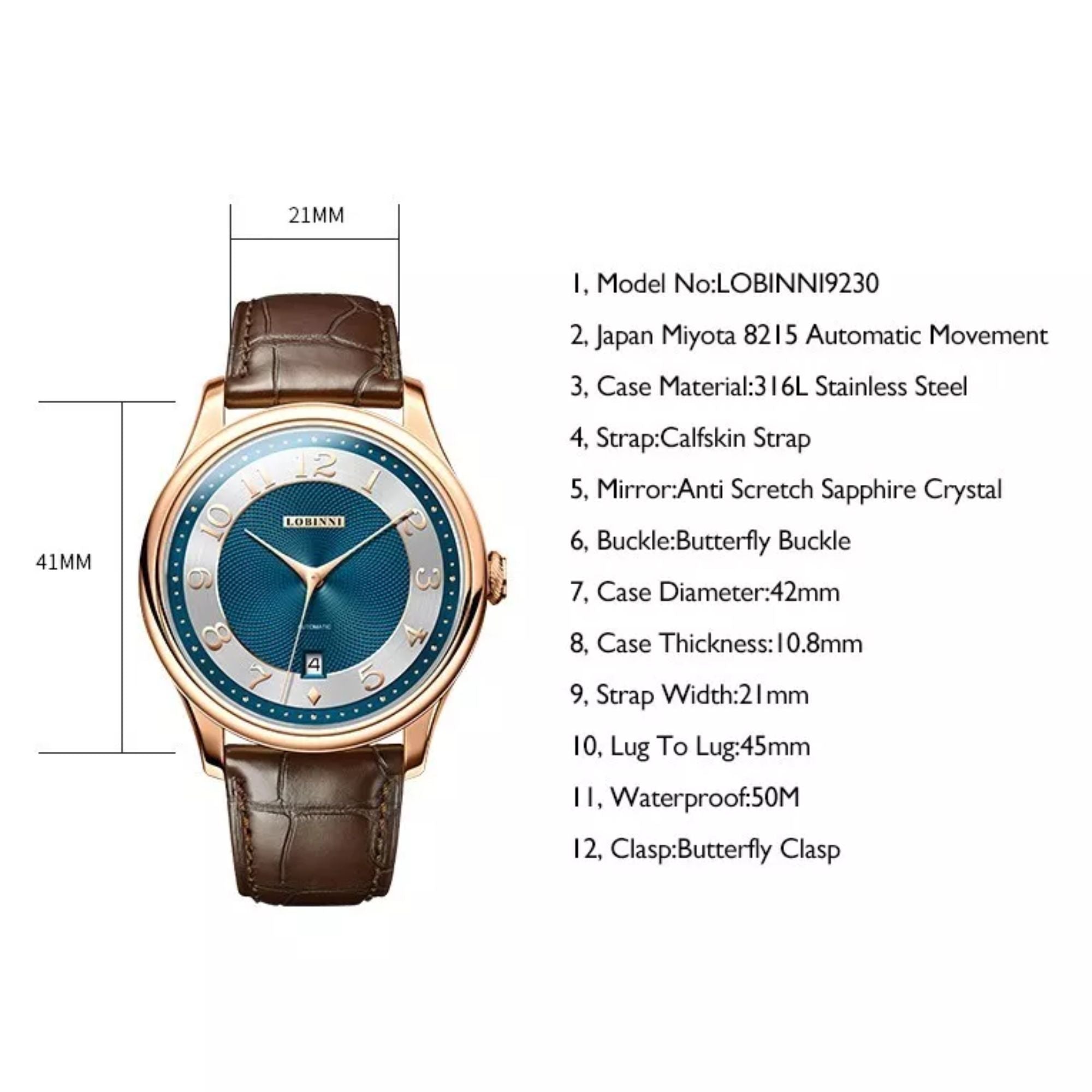 Lobinni Classic Men Automatic Wristwatches Luxury 42mm