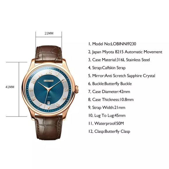 Lobinni Classic Men Automatic Wristwatches Luxury 42mm