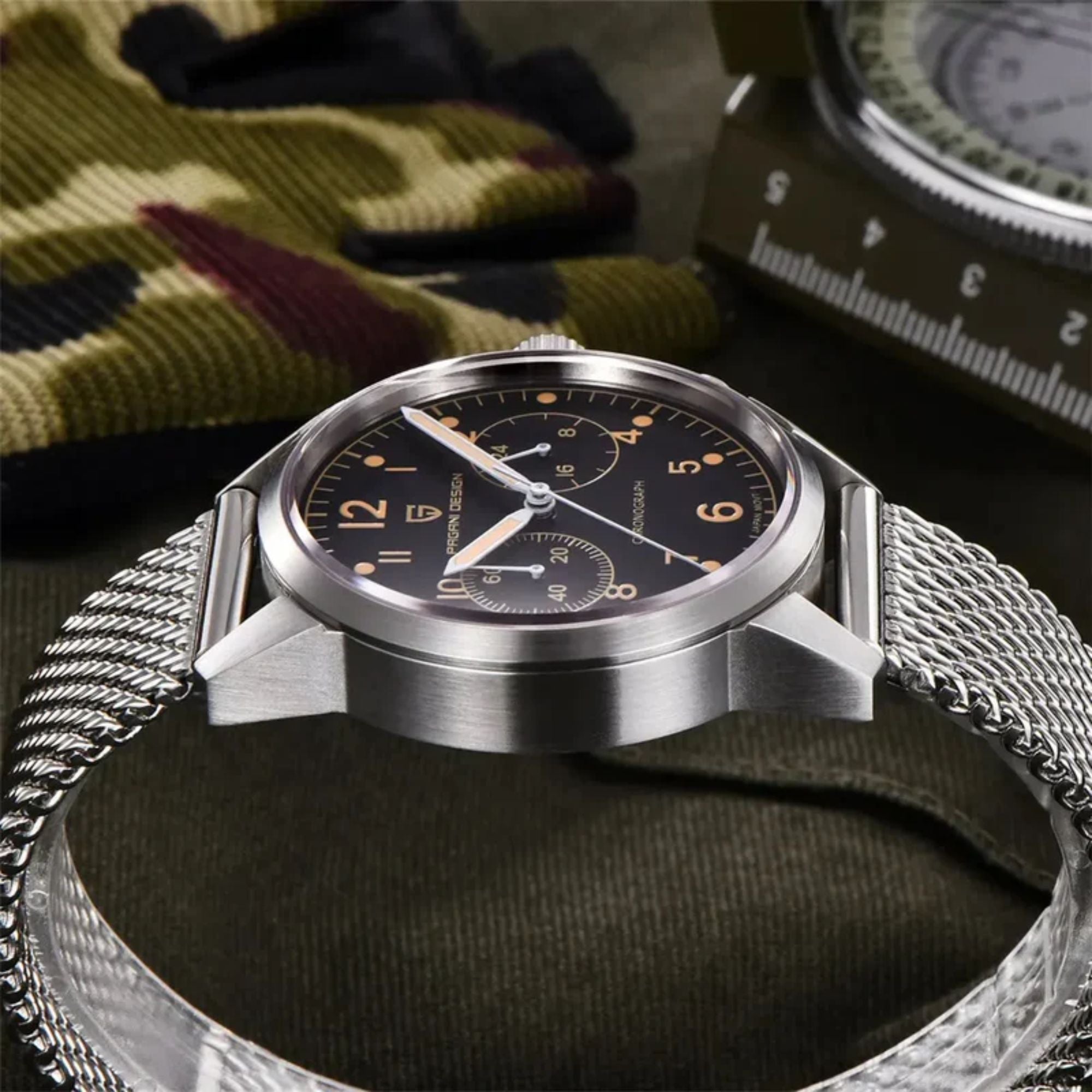PAGANI DESIGN PD1708 Men's 38mm Stainless Steel Chronograph with Mesh Strap