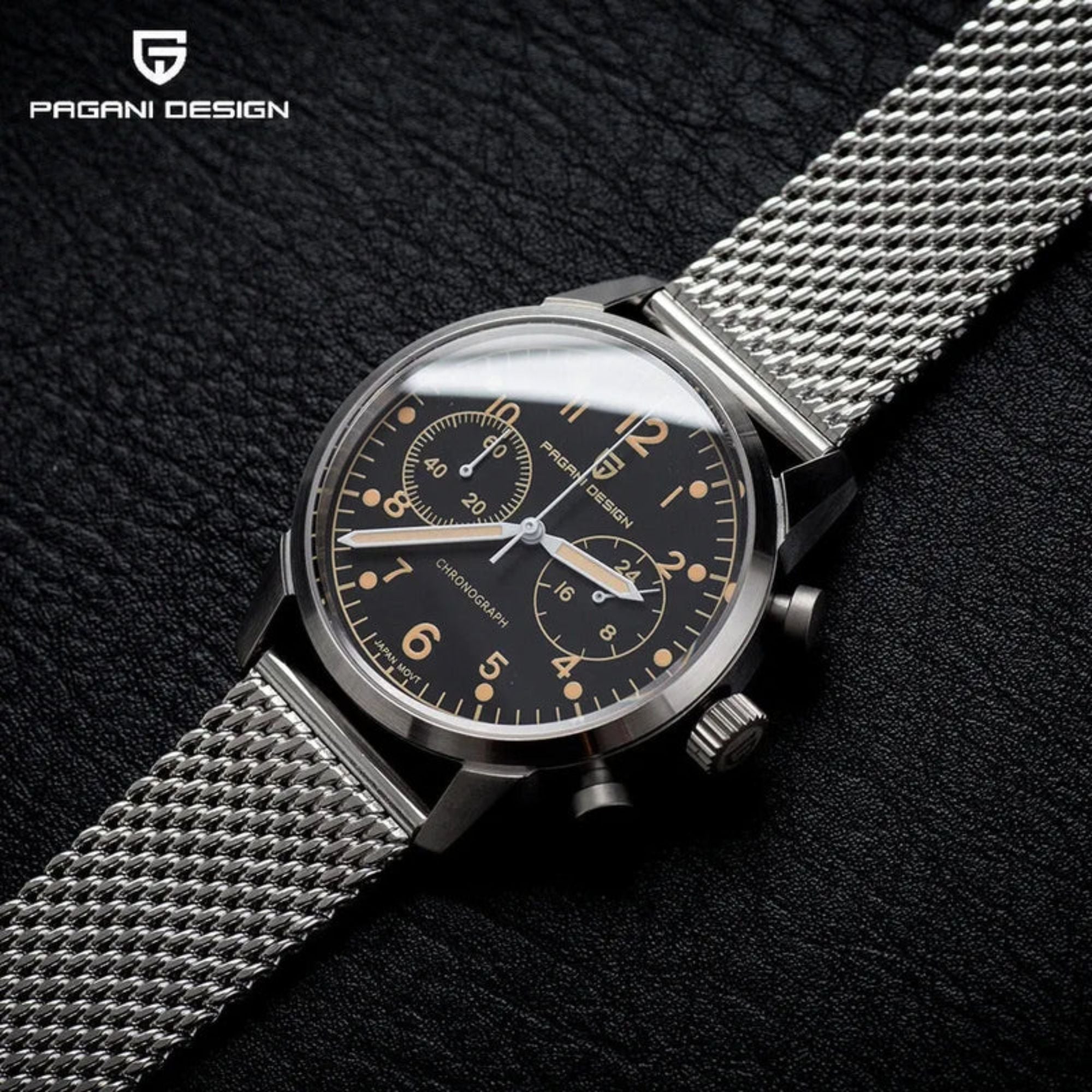 PAGANI DESIGN PD1708 Men's 38mm Stainless Steel Chronograph with Mesh Strap