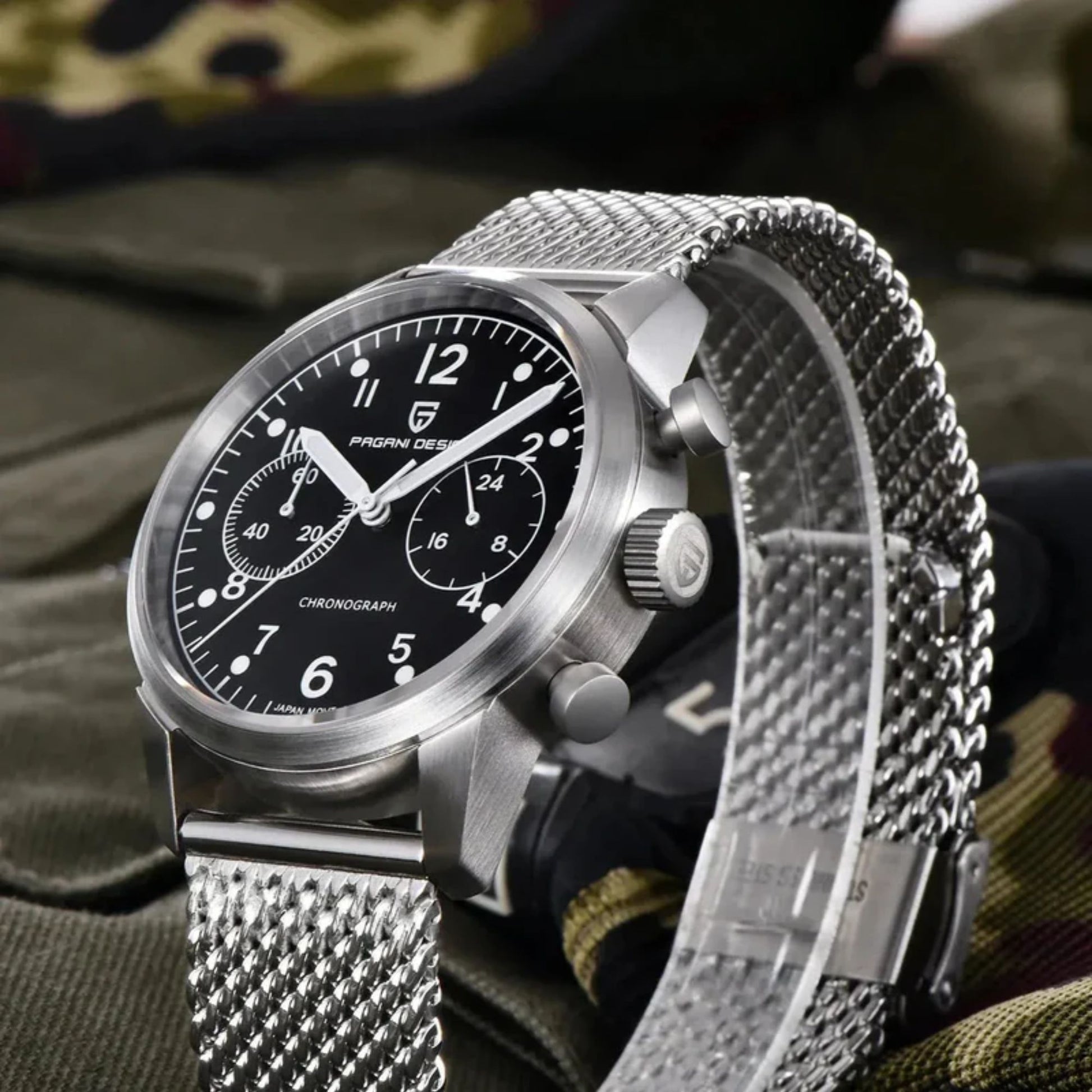 PAGANI DESIGN PD1708 Men's 38mm Stainless Steel Chronograph with Mesh Strap