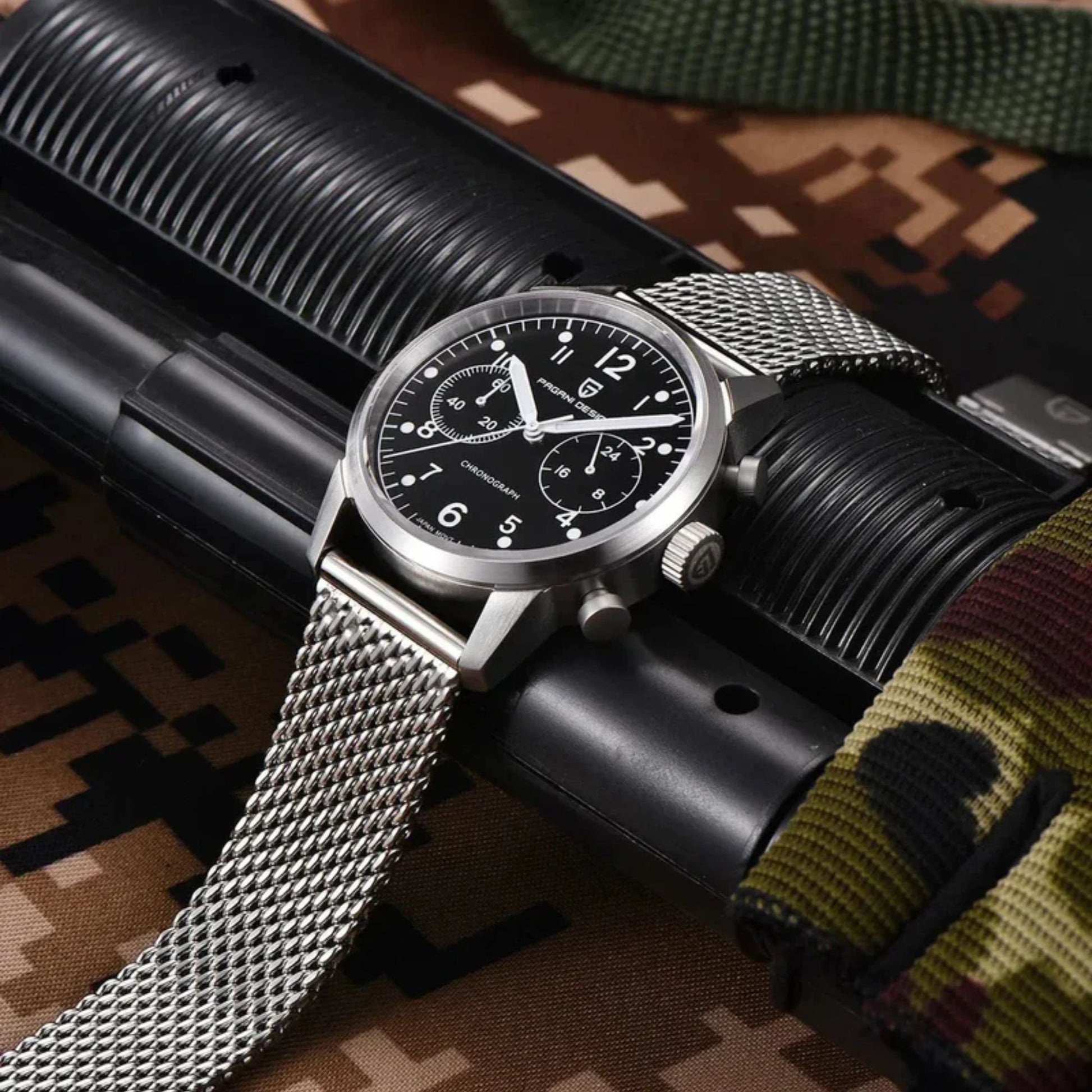 PAGANI DESIGN PD1708 Men's 38mm Stainless Steel Chronograph with Mesh Strap