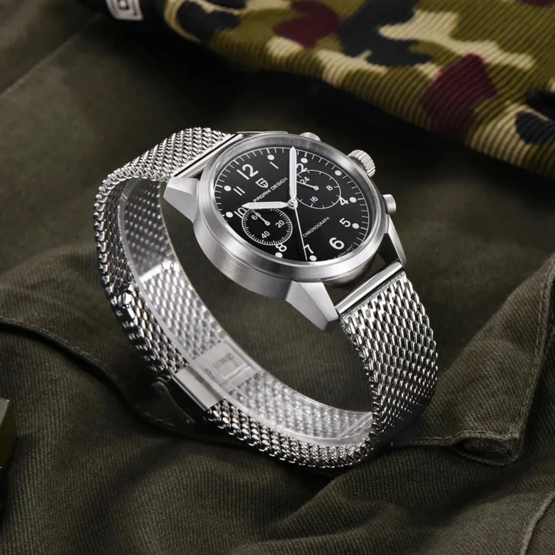 PAGANI DESIGN PD1708 Men's 38mm Stainless Steel Chronograph with Mesh Strap