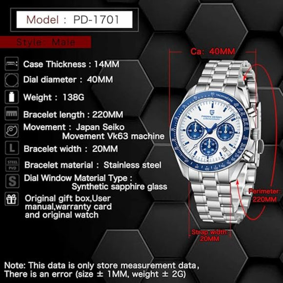 Pagani Design PD-1701 40mm Mens Waterproof Watch with Seiko VK-63 Movement