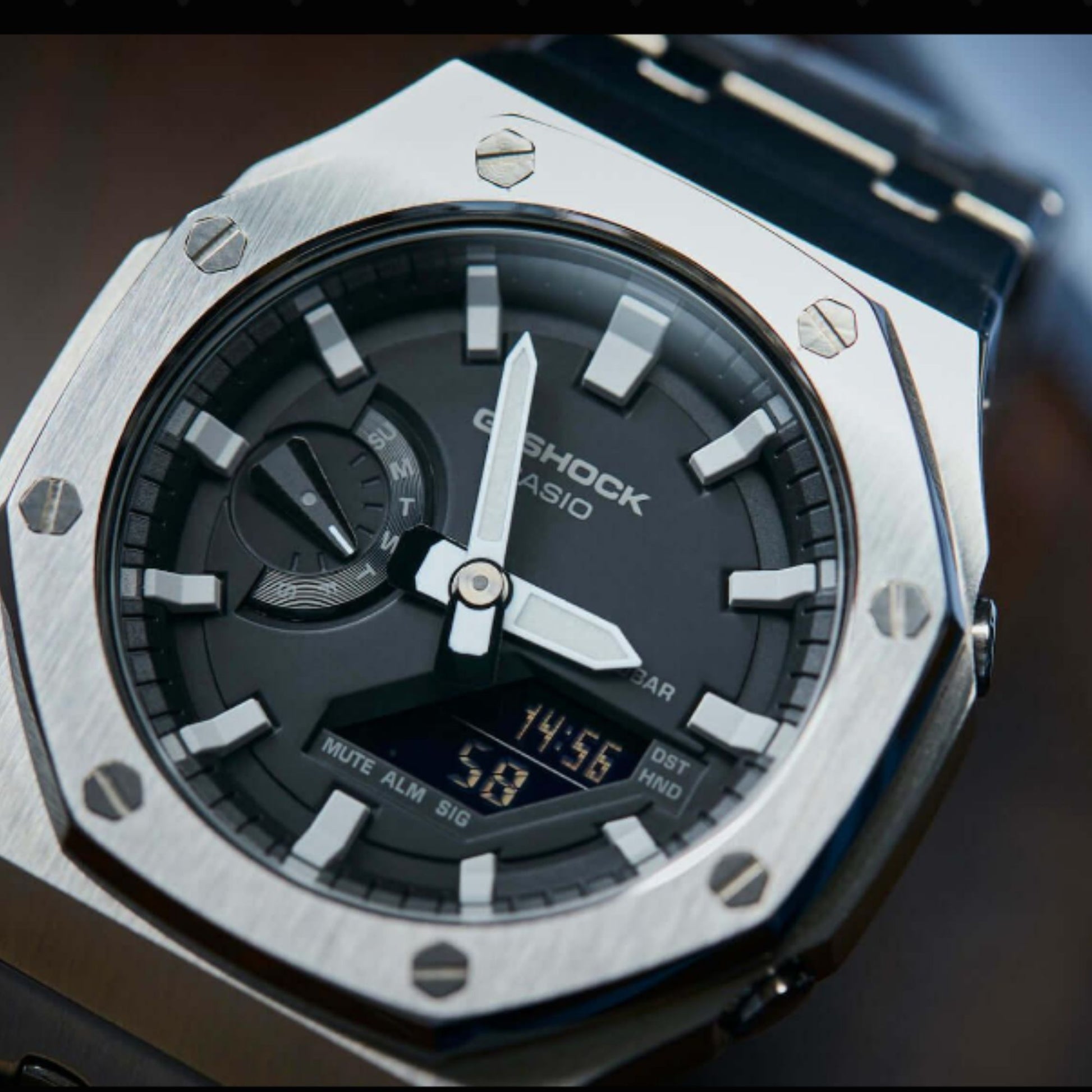 Mod Kit Metal Watchband and Metal Case for G-shock GM-2100 and GM-2110/B-2100 " Casioak" (Silver Bracelet)