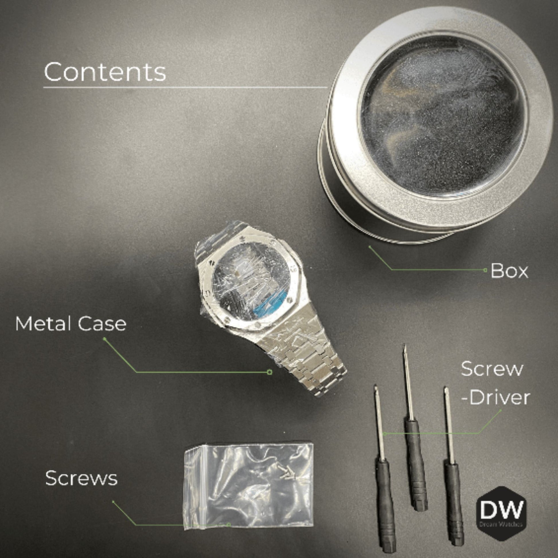 Mod Kit Metal Watchband and Metal Case for G-shock GM-2100 and GM-2110/BA-2100 " Casioak" {Black Bracelet)