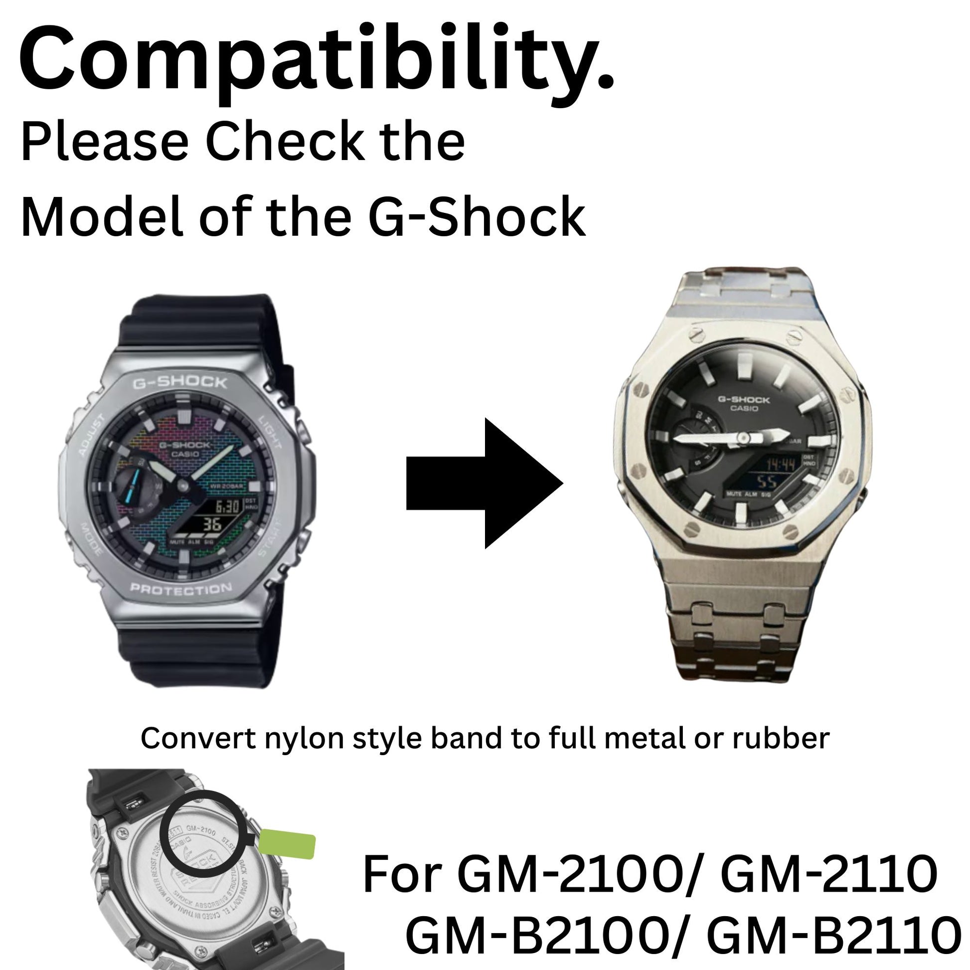 Mod Kit Metal Watchband and Metal Case for G-shock GM-2100 and GM-2110/BA-2100 " Casioak" {Black Bracelet)