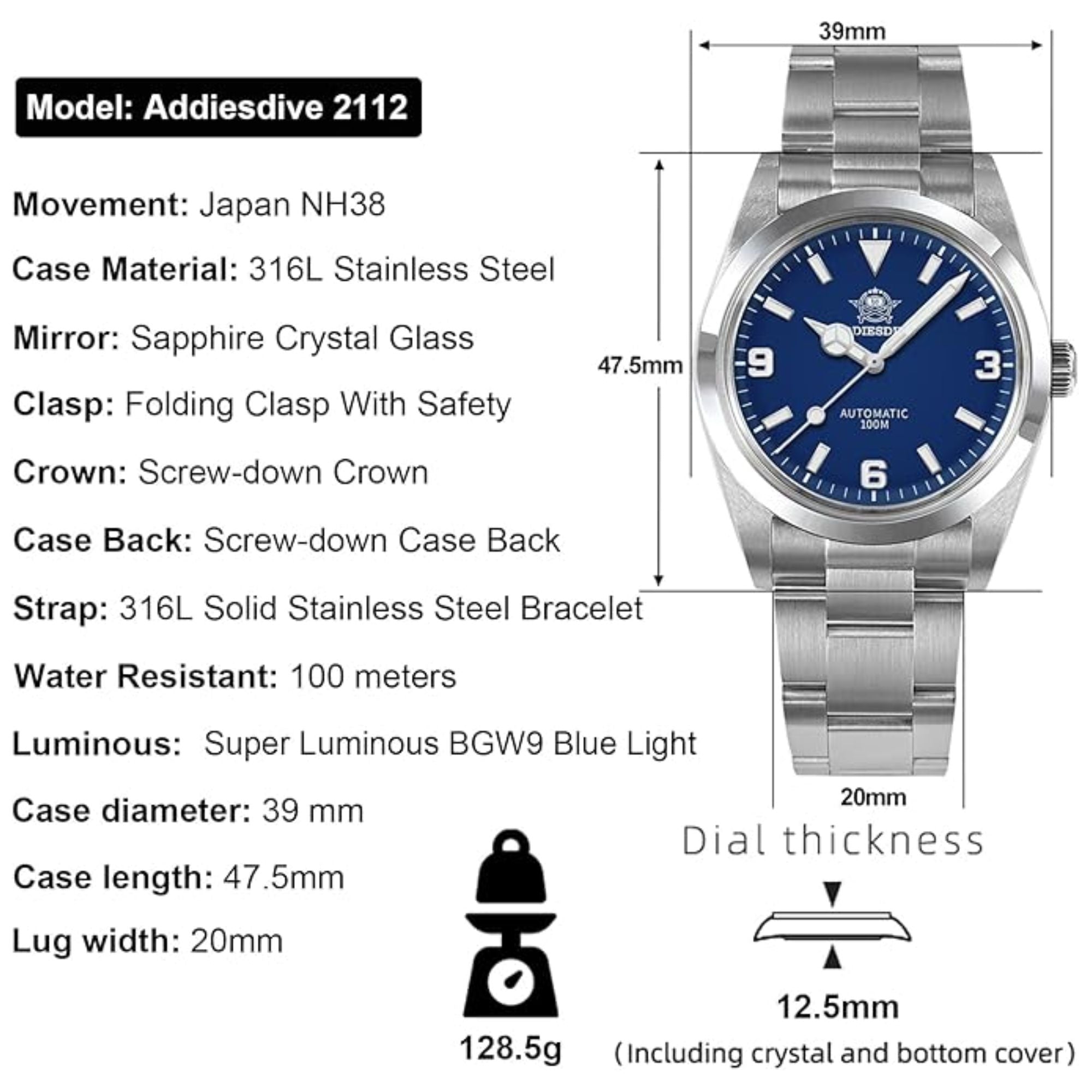 ADDIESDIVE 38mm Domed Crystal Explore Watch 100M (AD2112)