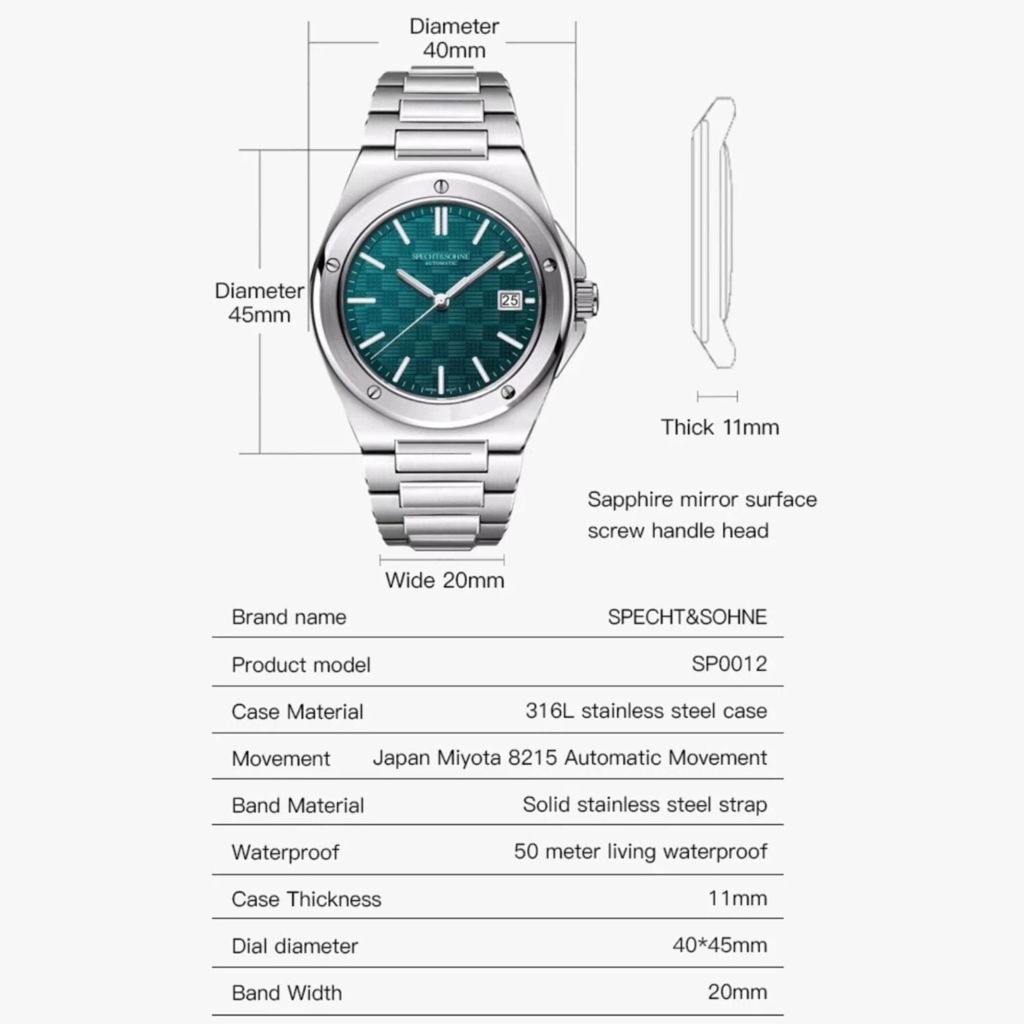 SPECHT&SOHNE Elegant Men's Japan Miyota 8215 Automatic Mechanical Watch Stainless Steel Sapphire Crystal 50m Waterproof Luminous Sports Wristwatches