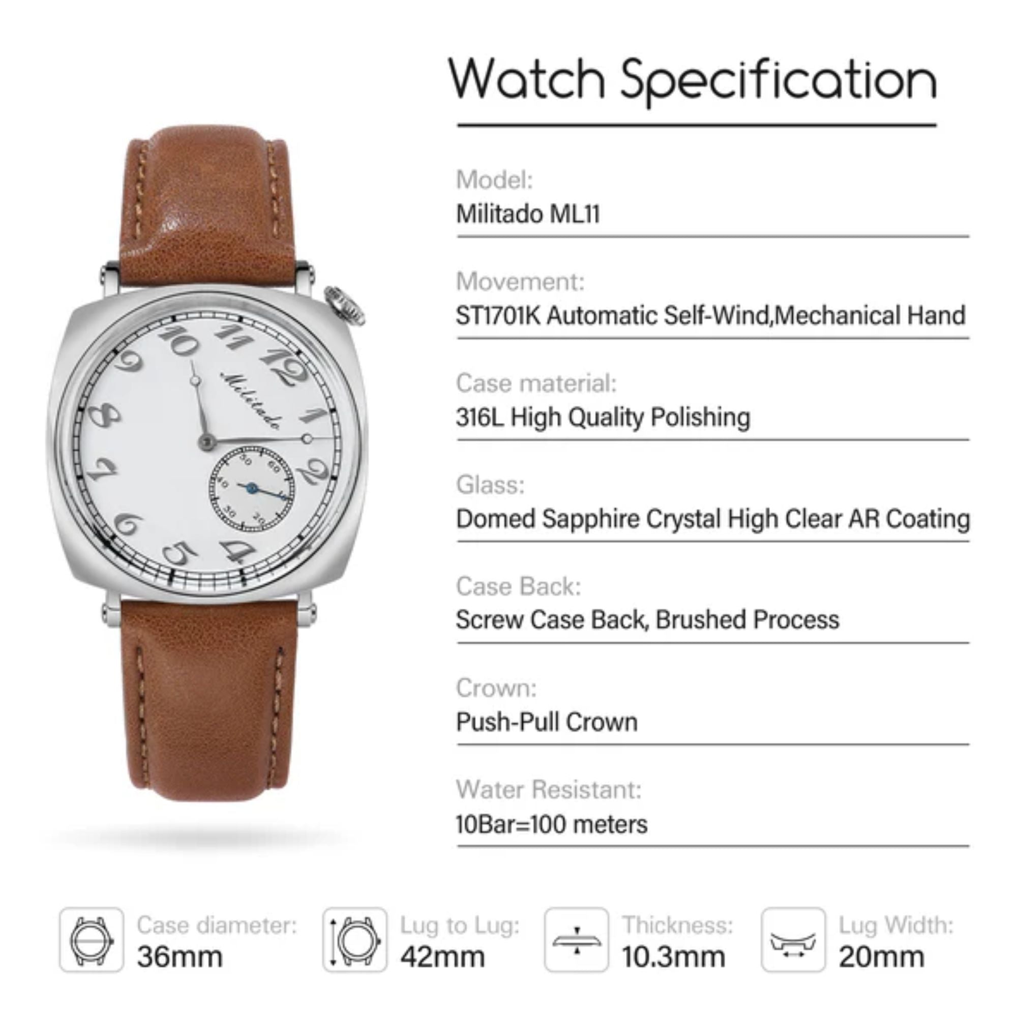 Militado 1921 36mm ST1701 Mechanical Watch ML11