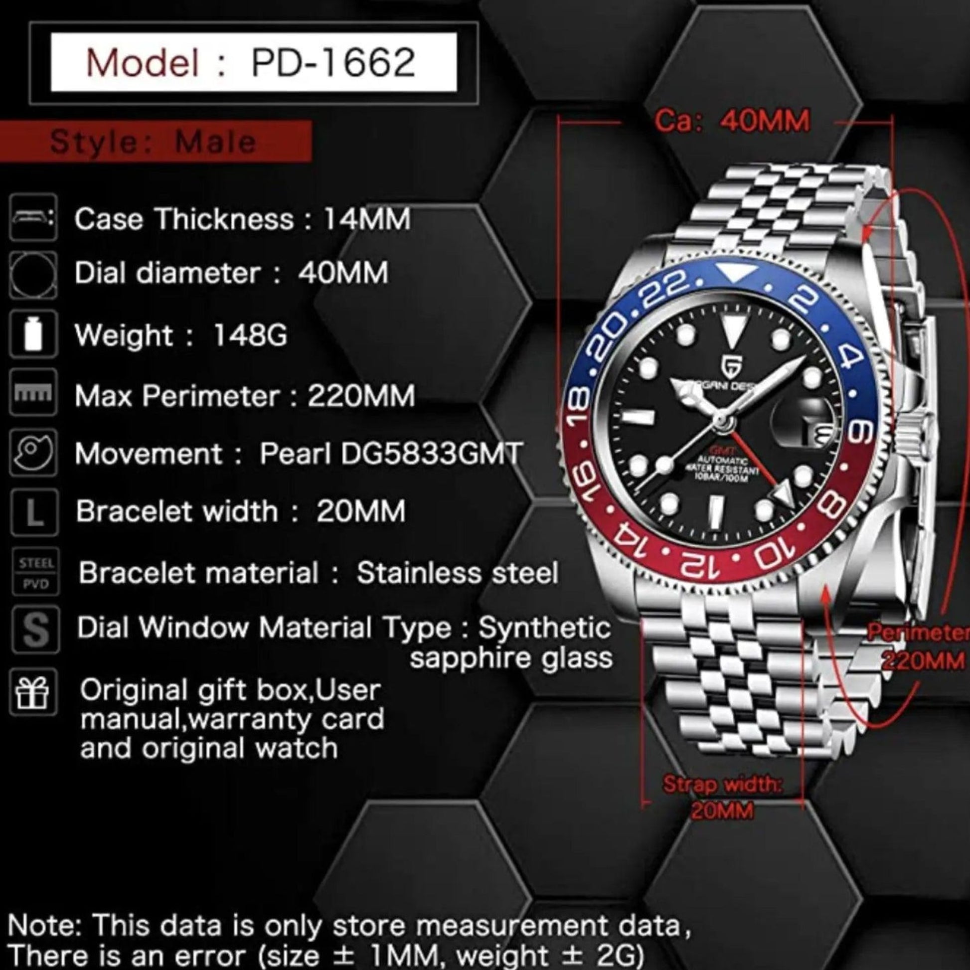 Pagani Design PD-1662 Waterproof Mechanical Automatic Watch Stainless Steel Men's 40MM Watch (Pepsi - Jubilee Bracelet)