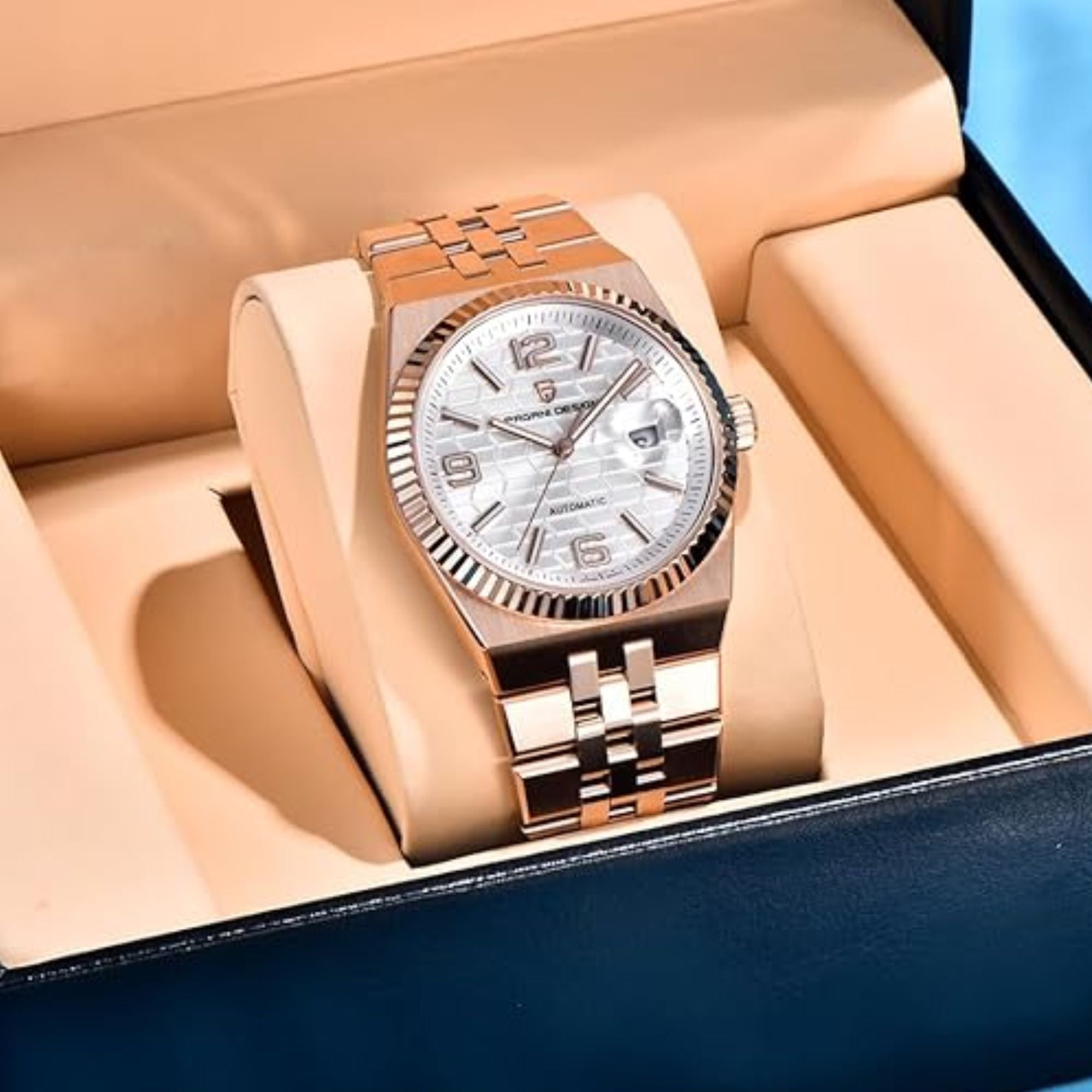 PAGANI DESIGN PD-YS027 New Men's Automatic Watch Rose Gold Stainless Steel Mechanical Waterproof Wrist Watch for Men, Synthetic Sapphire Dial Glass
