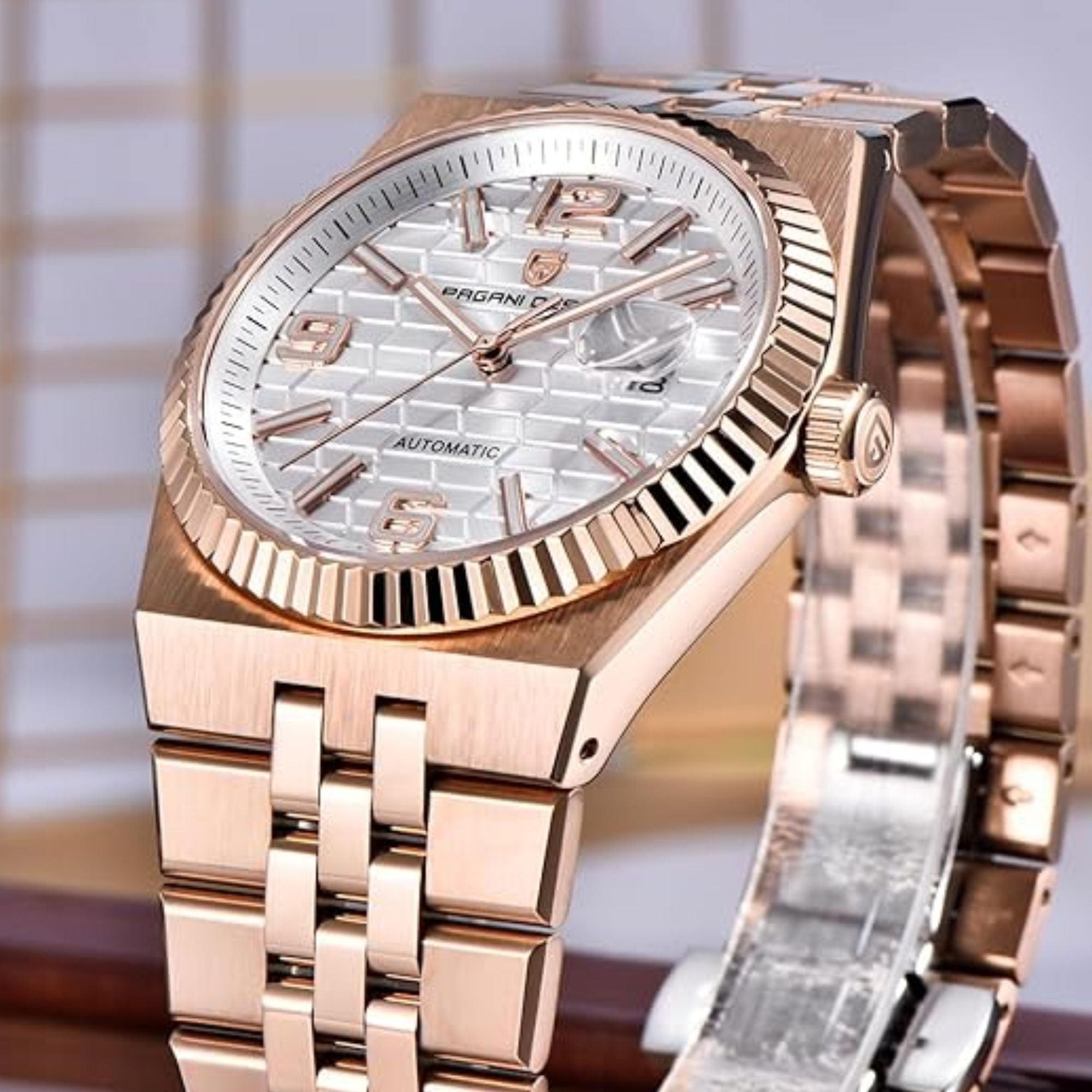 PAGANI DESIGN PD-YS027 New Men's Automatic Watch Rose Gold Stainless Steel Mechanical Waterproof Wrist Watch for Men, Synthetic Sapphire Dial Glass