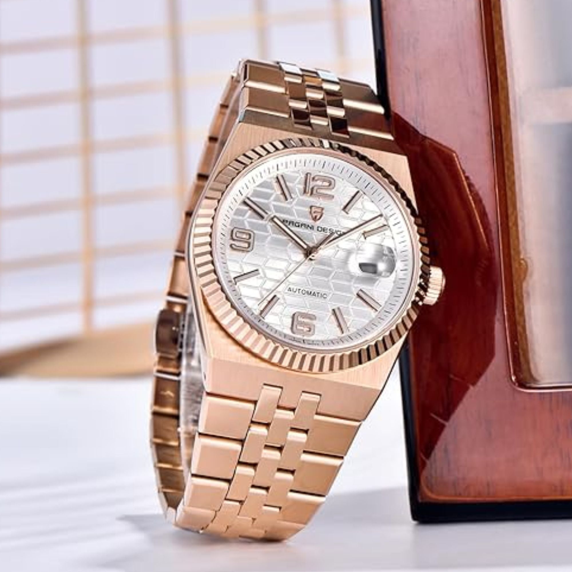 PAGANI DESIGN PD-YS027 New Men's Automatic Watch Rose Gold Stainless Steel Mechanical Waterproof Wrist Watch for Men, Synthetic Sapphire Dial Glass