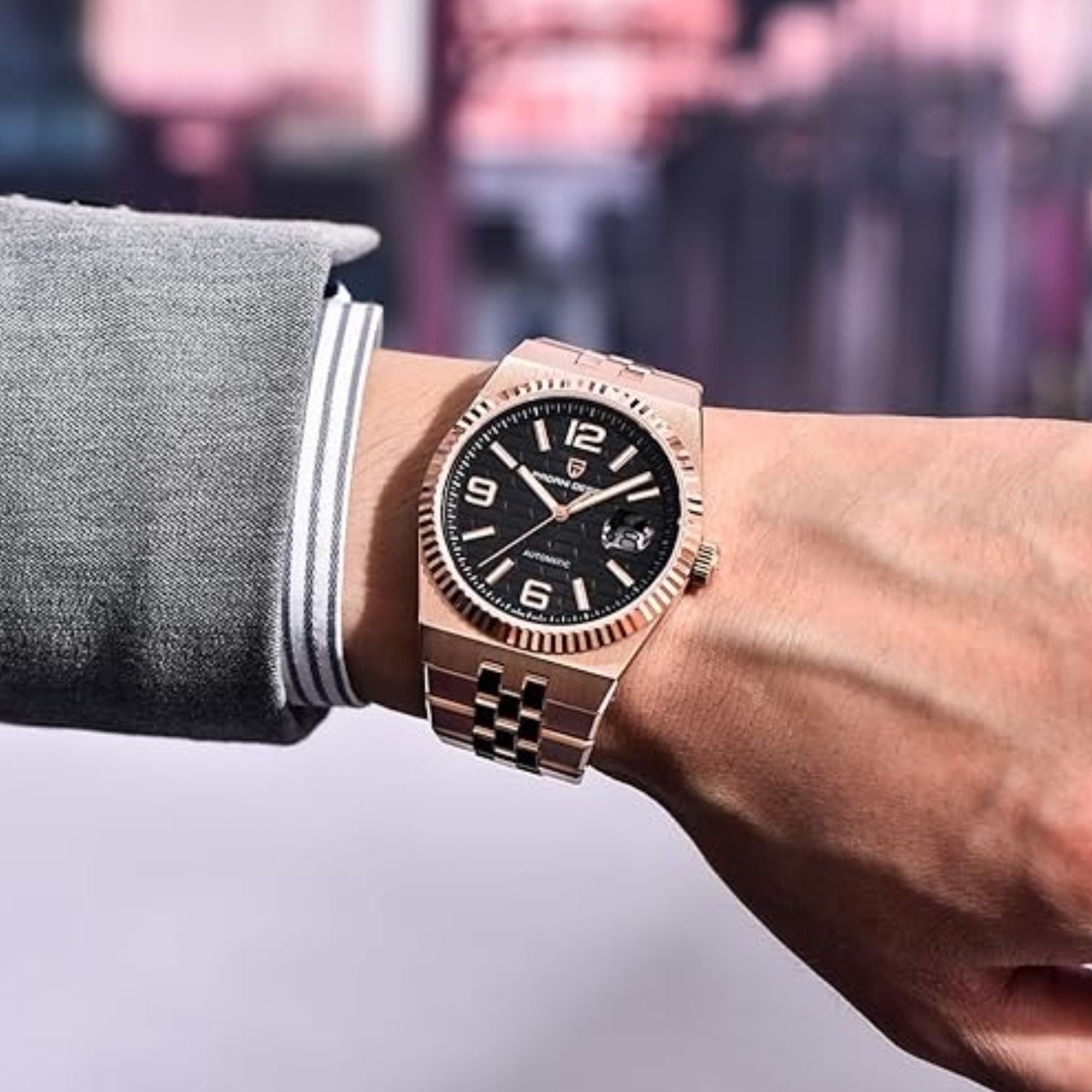 PAGANI DESIGN PD-YS027 New Men's Automatic Watch Rose Gold Stainless Steel Mechanical Waterproof Wrist Watch for Men, Synthetic Sapphire Dial Glass