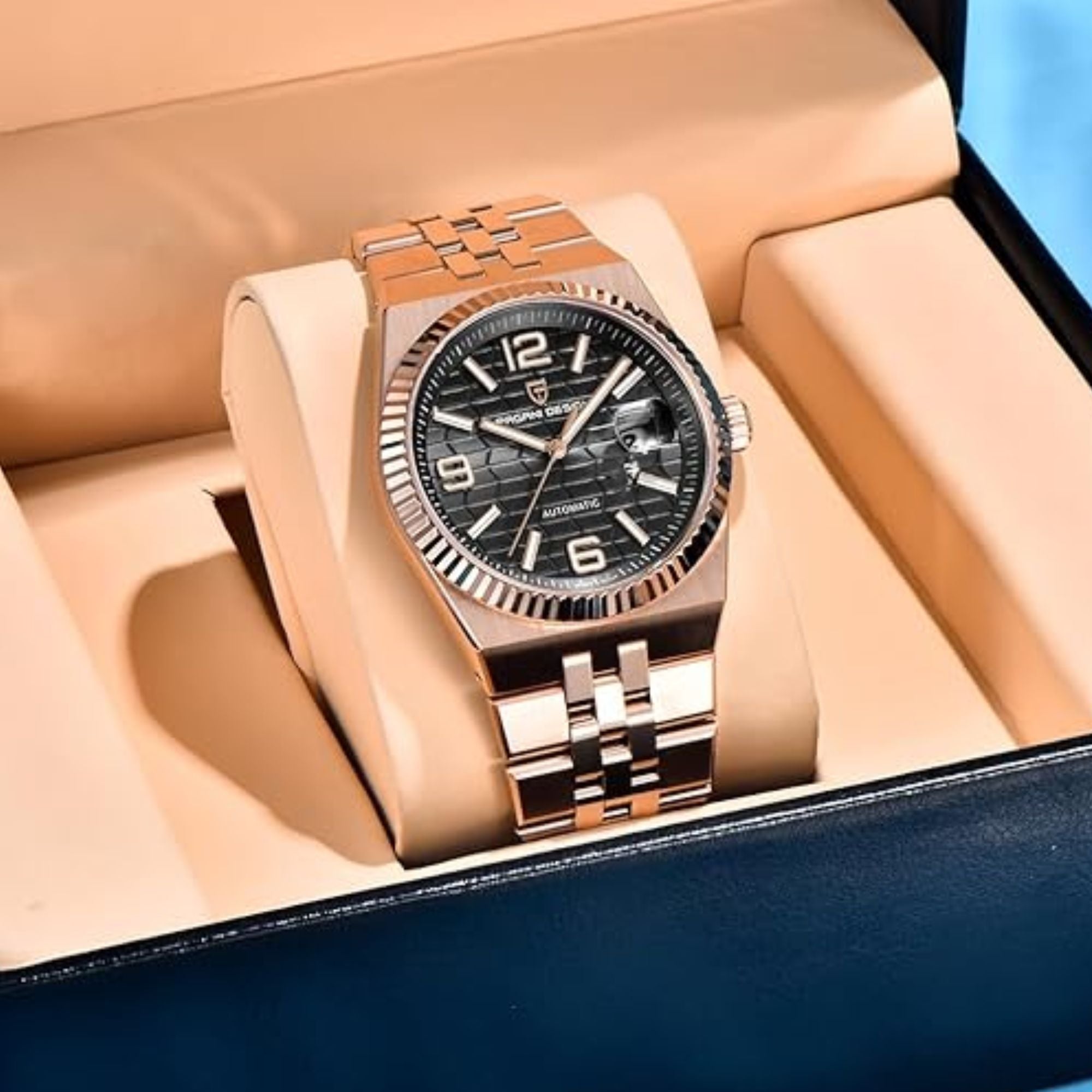 PAGANI DESIGN PD-YS027 New Men's Automatic Watch Rose Gold Stainless Steel Mechanical Waterproof Wrist Watch for Men, Synthetic Sapphire Dial Glass