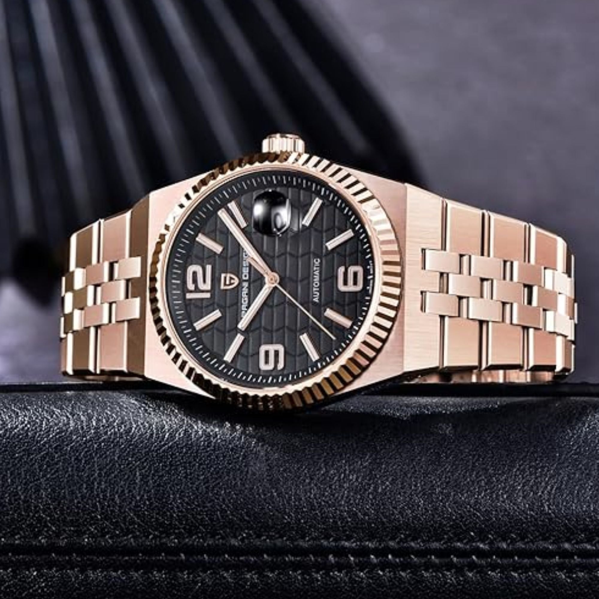 PAGANI DESIGN PD-YS027 New Men's Automatic Watch Rose Gold Stainless Steel Mechanical Waterproof Wrist Watch for Men, Synthetic Sapphire Dial Glass
