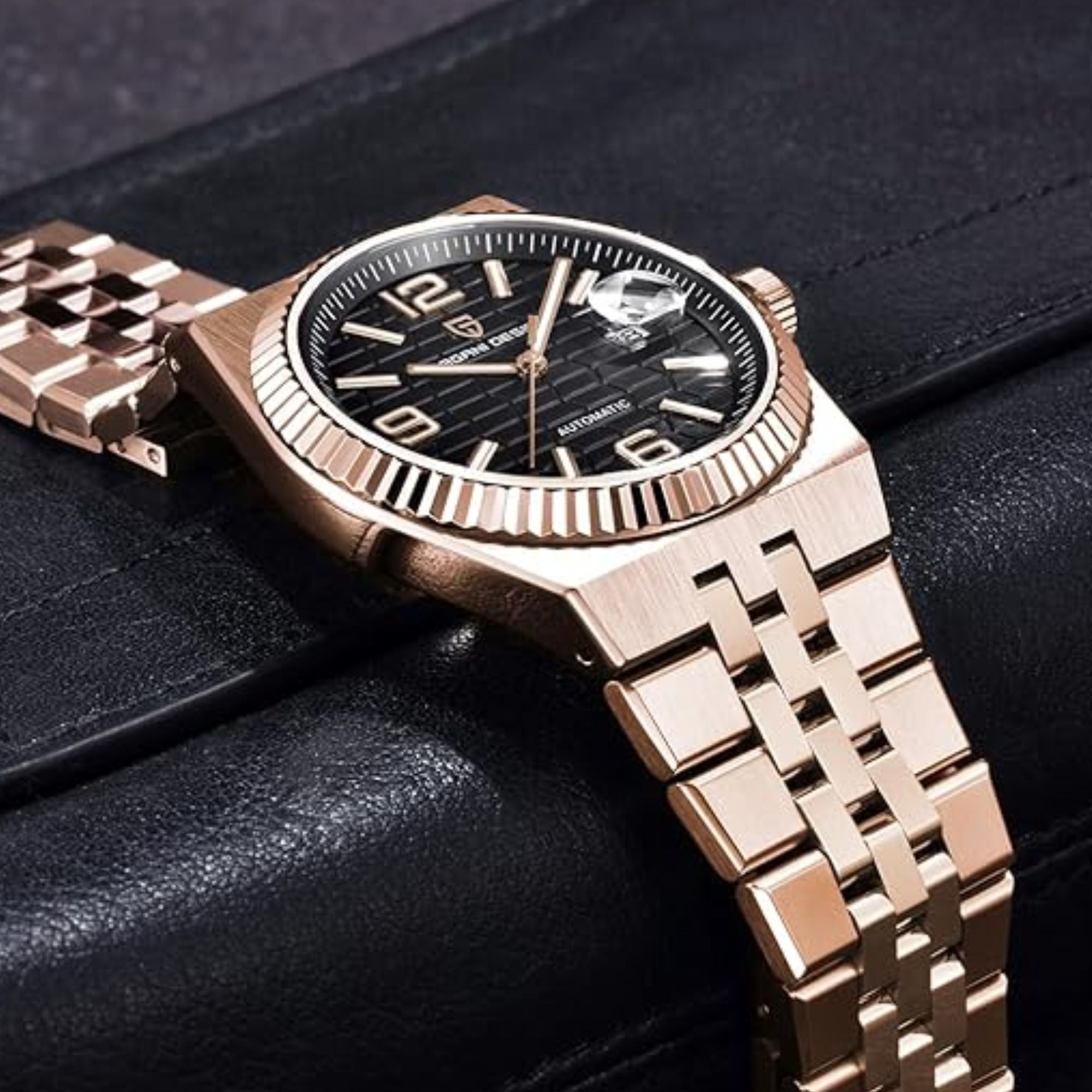PAGANI DESIGN PD-YS027 New Men's Automatic Watch Rose Gold Stainless Steel Mechanical Waterproof Wrist Watch for Men, Synthetic Sapphire Dial Glass