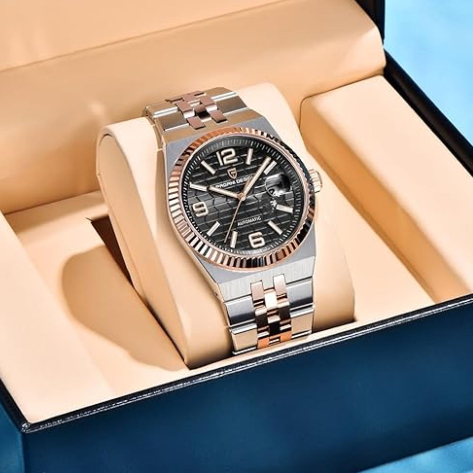 PAGANI DESIGN PD-YS027 New Men's Automatic Watch Rose Gold Stainless Steel Mechanical Waterproof Wrist Watch for Men, Synthetic Sapphire Dial Glass