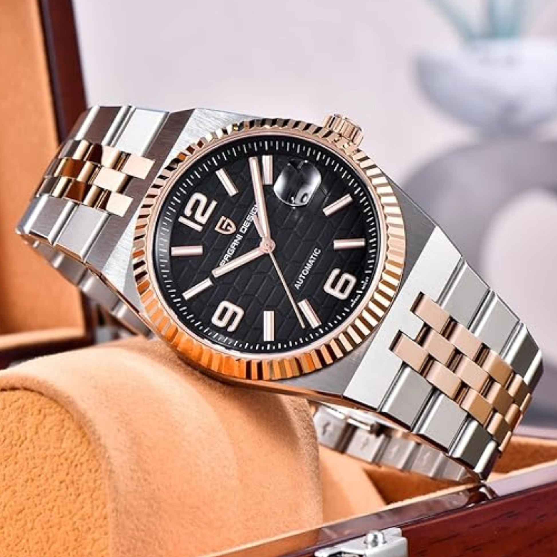 PAGANI DESIGN PD-YS027 New Men's Automatic Watch Rose Gold Stainless Steel Mechanical Waterproof Wrist Watch for Men, Synthetic Sapphire Dial Glass