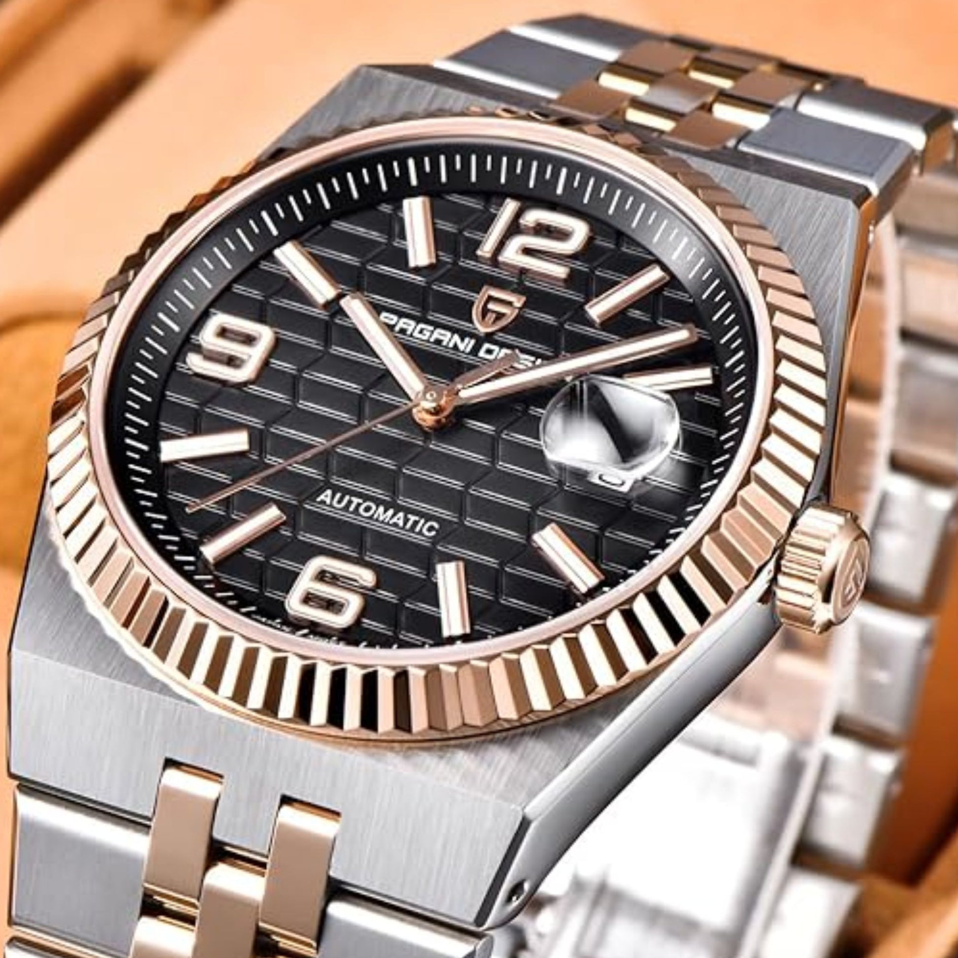 PAGANI DESIGN PD-YS027 New Men's Automatic Watch Rose Gold Stainless Steel Mechanical Waterproof Wrist Watch for Men, Synthetic Sapphire Dial Glass