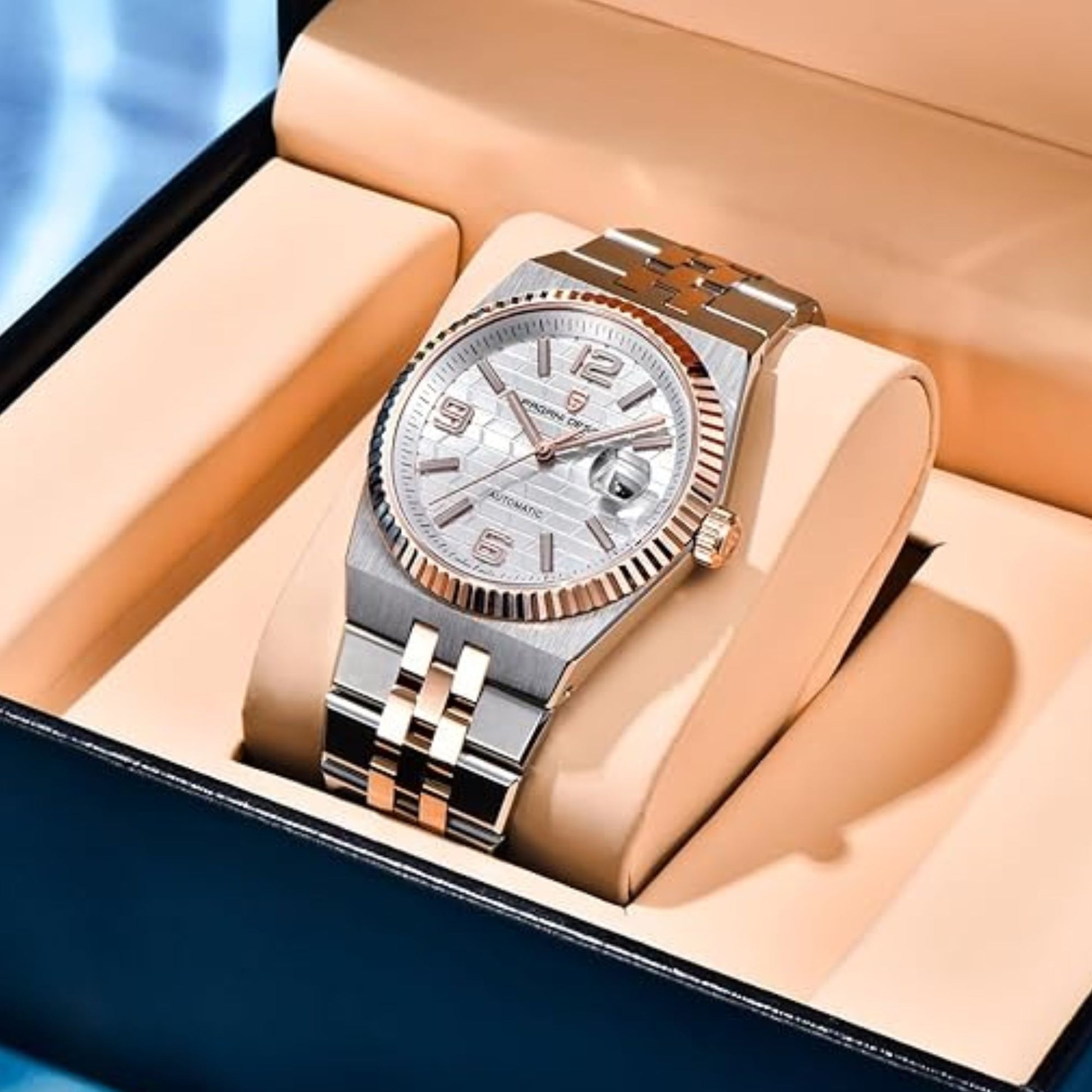 PAGANI DESIGN PD-YS027 New Men's Automatic Watch Rose Gold Stainless Steel Mechanical Waterproof Wrist Watch for Men, Synthetic Sapphire Dial Glass