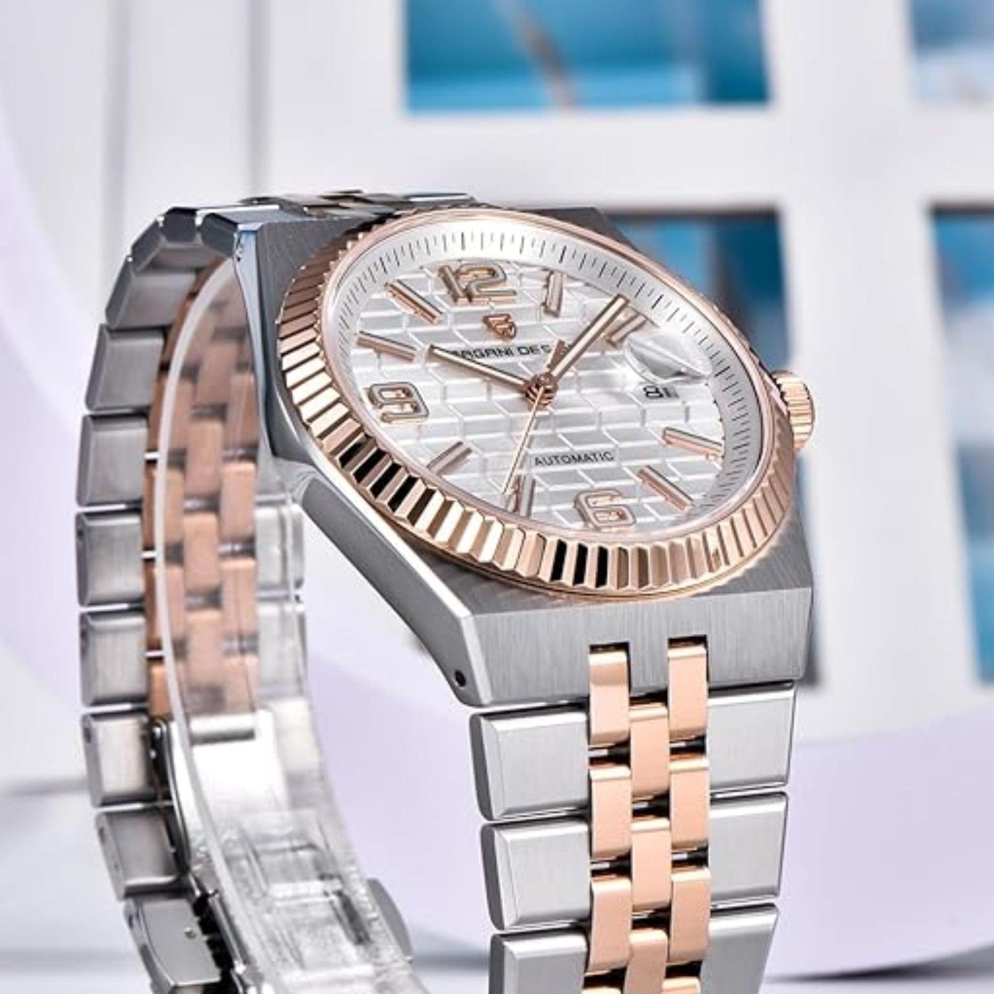 PAGANI DESIGN PD-YS027 New Men's Automatic Watch Rose Gold Stainless Steel Mechanical Waterproof Wrist Watch for Men, Synthetic Sapphire Dial Glass