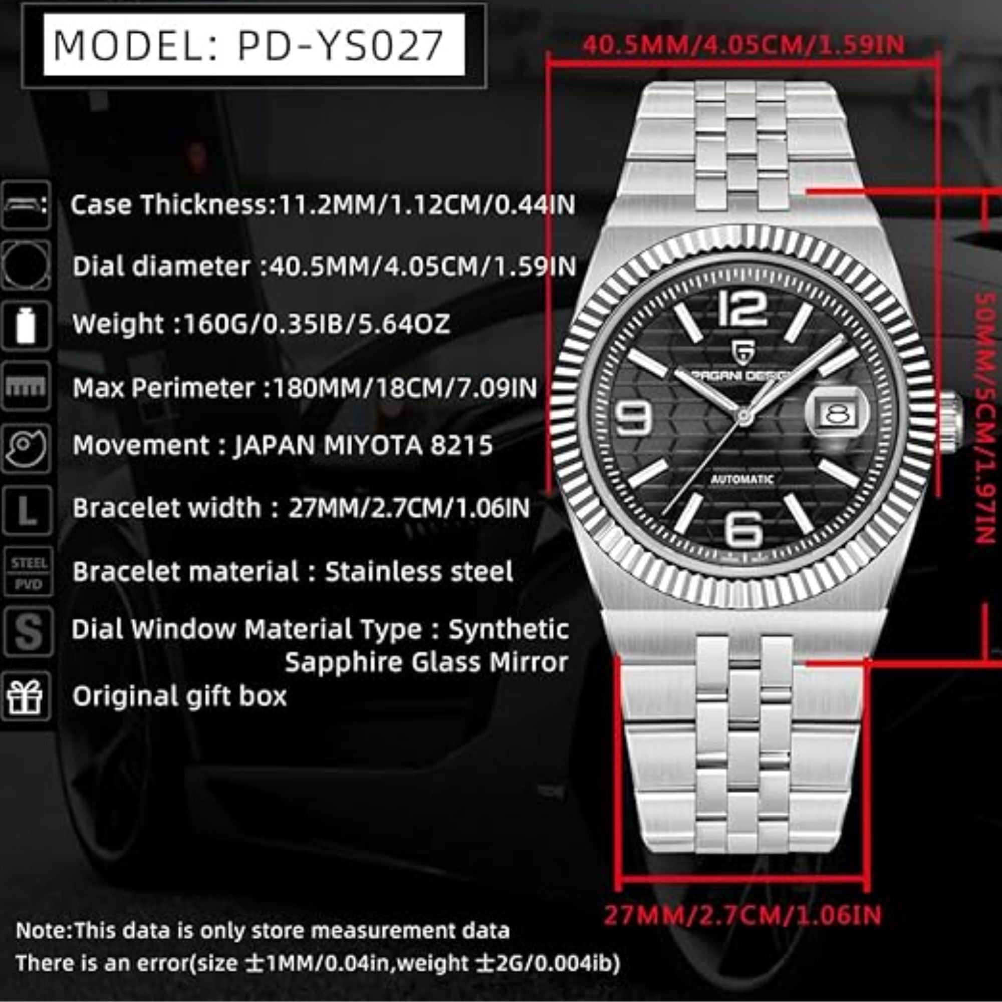 PAGANI DESIGN PD-YS027 New Men's Automatic Watch Rose Gold Stainless Steel Mechanical Waterproof Wrist Watch for Men, Synthetic Sapphire Dial Glass