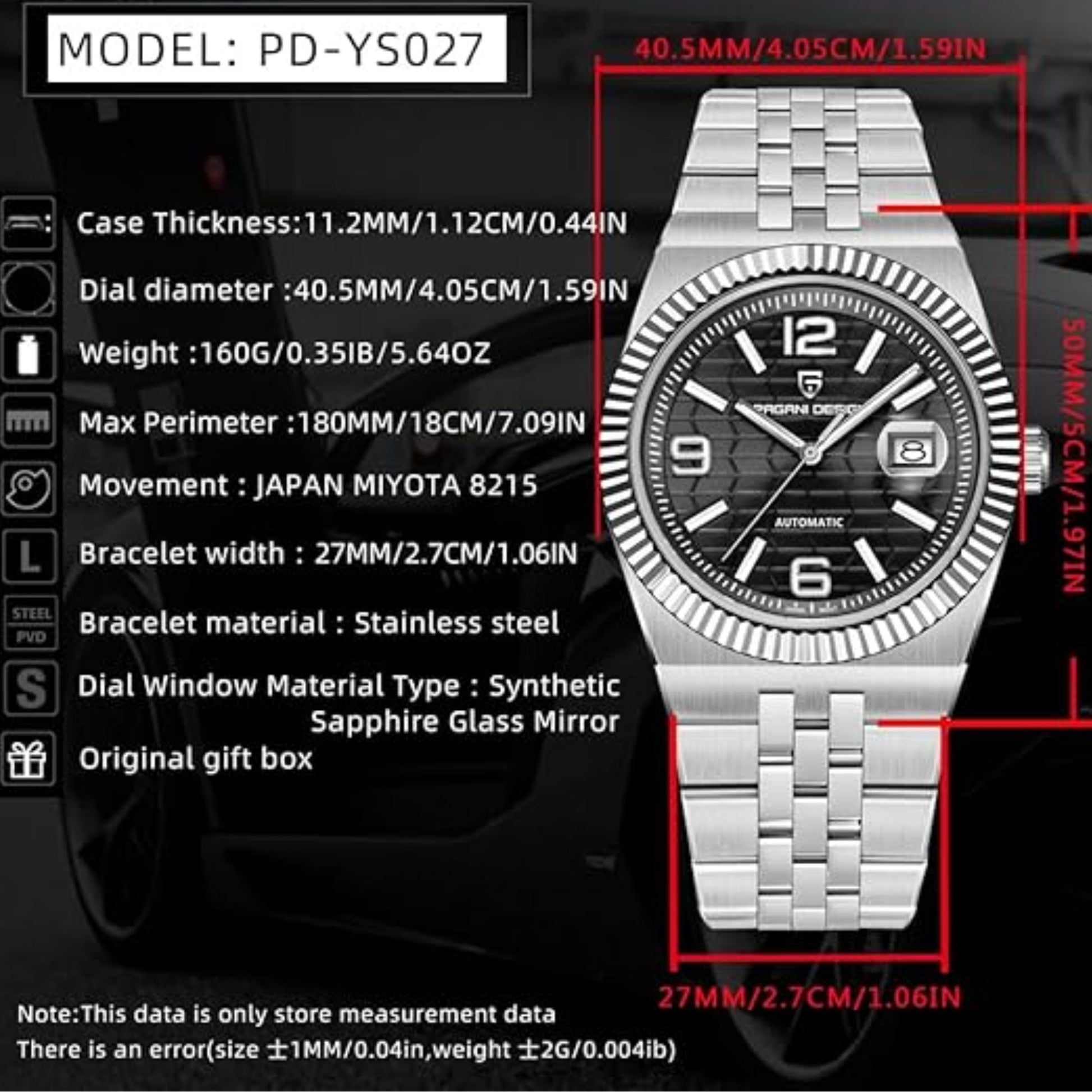 PAGANI DESIGN PD-YS027 New Men's Automatic Watch Rose Gold Stainless Steel Mechanical Waterproof Wrist Watch for Men, Synthetic Sapphire Dial Glass