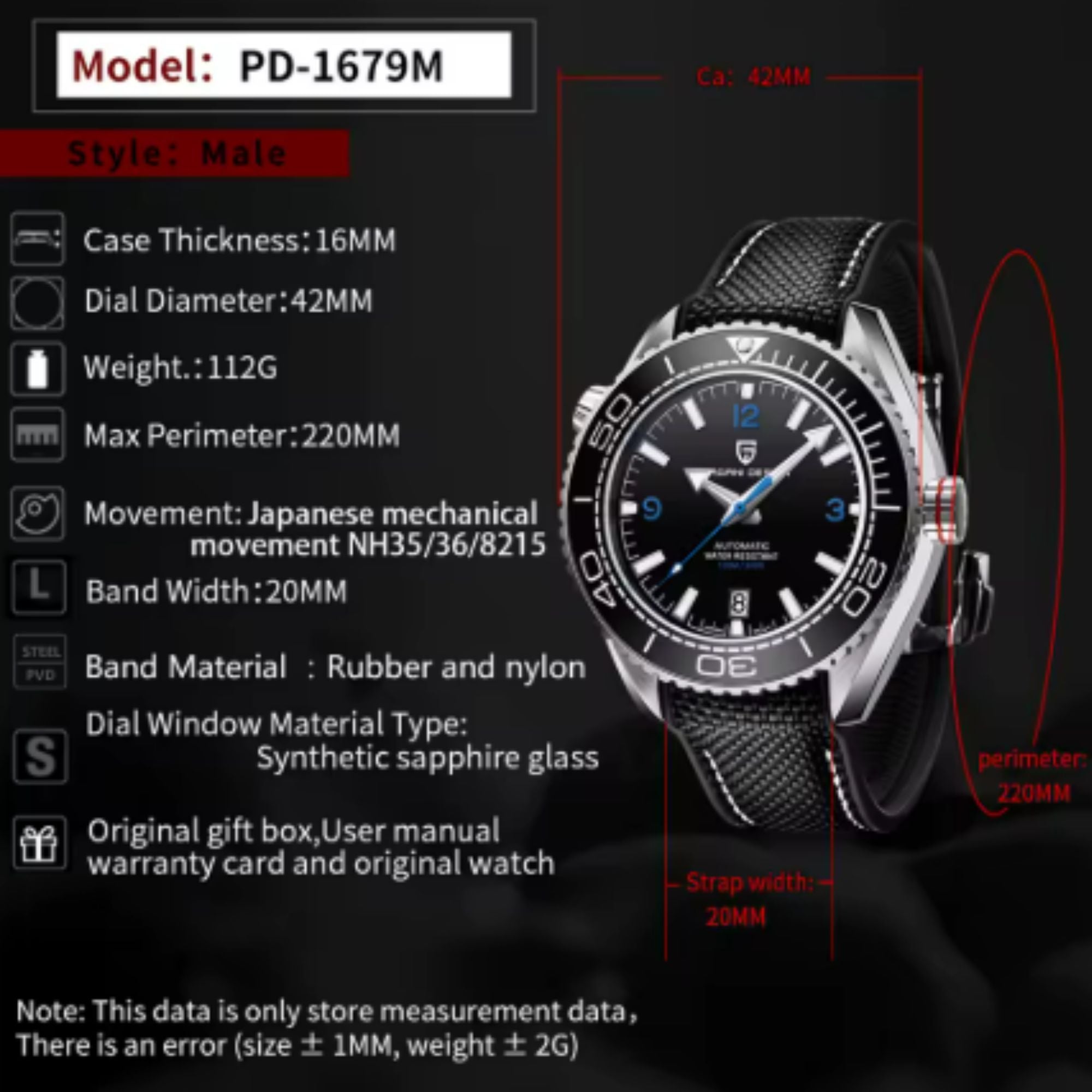 Pagani Design PD-1679 100M Waterproof Dive Watch Automatic Mechanical Watch