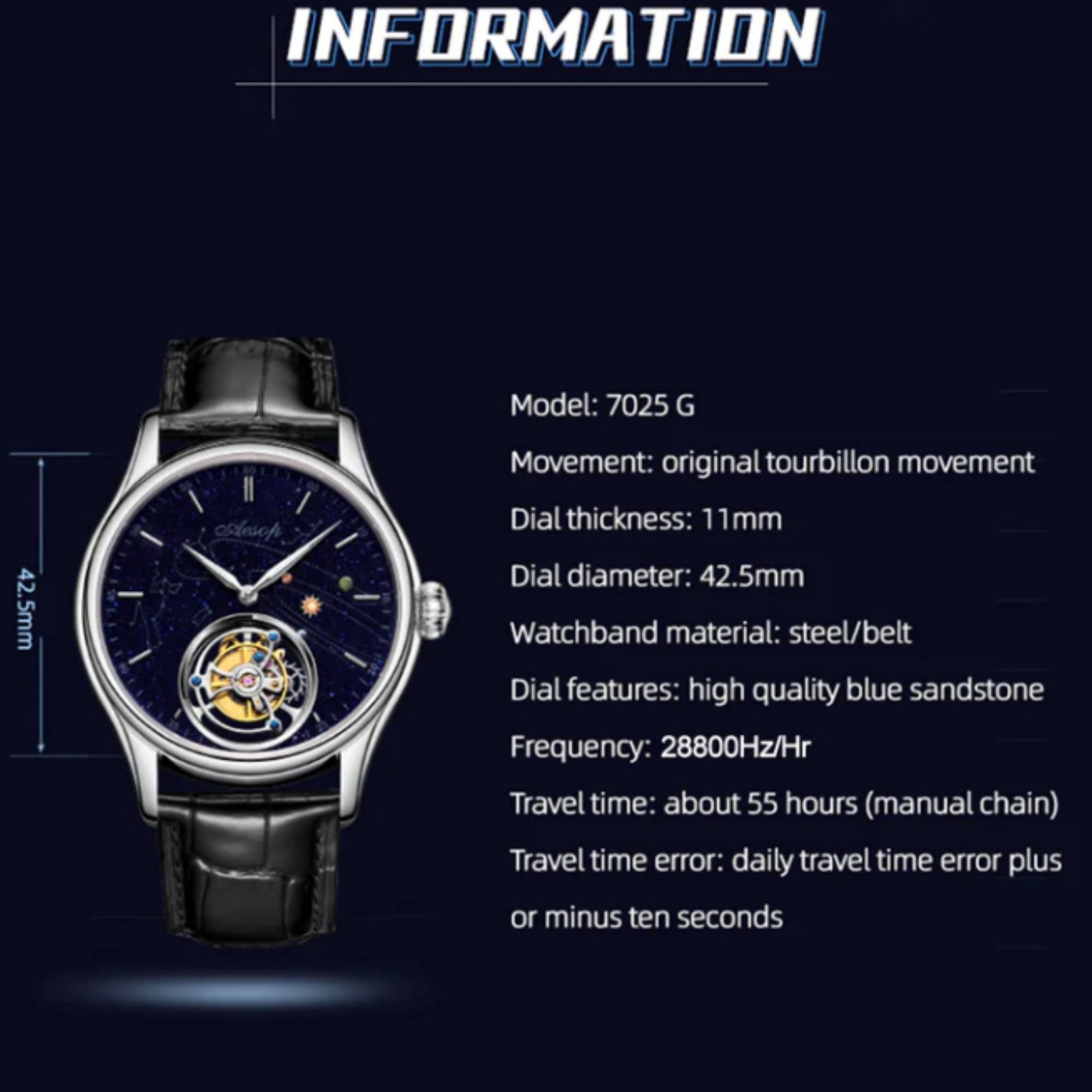 AESOP Mens Luxury Real Flying Tourbillon Mechanical Watches for Men 7025