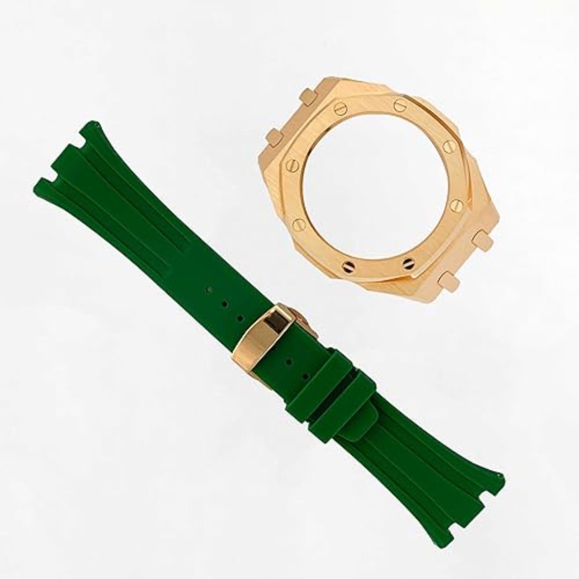 Mod Kit Metal Watchband and Metal Case for G-shock GM-2100 and GM-2110/B-2100 " Casioak"[Green With Rosegold]
