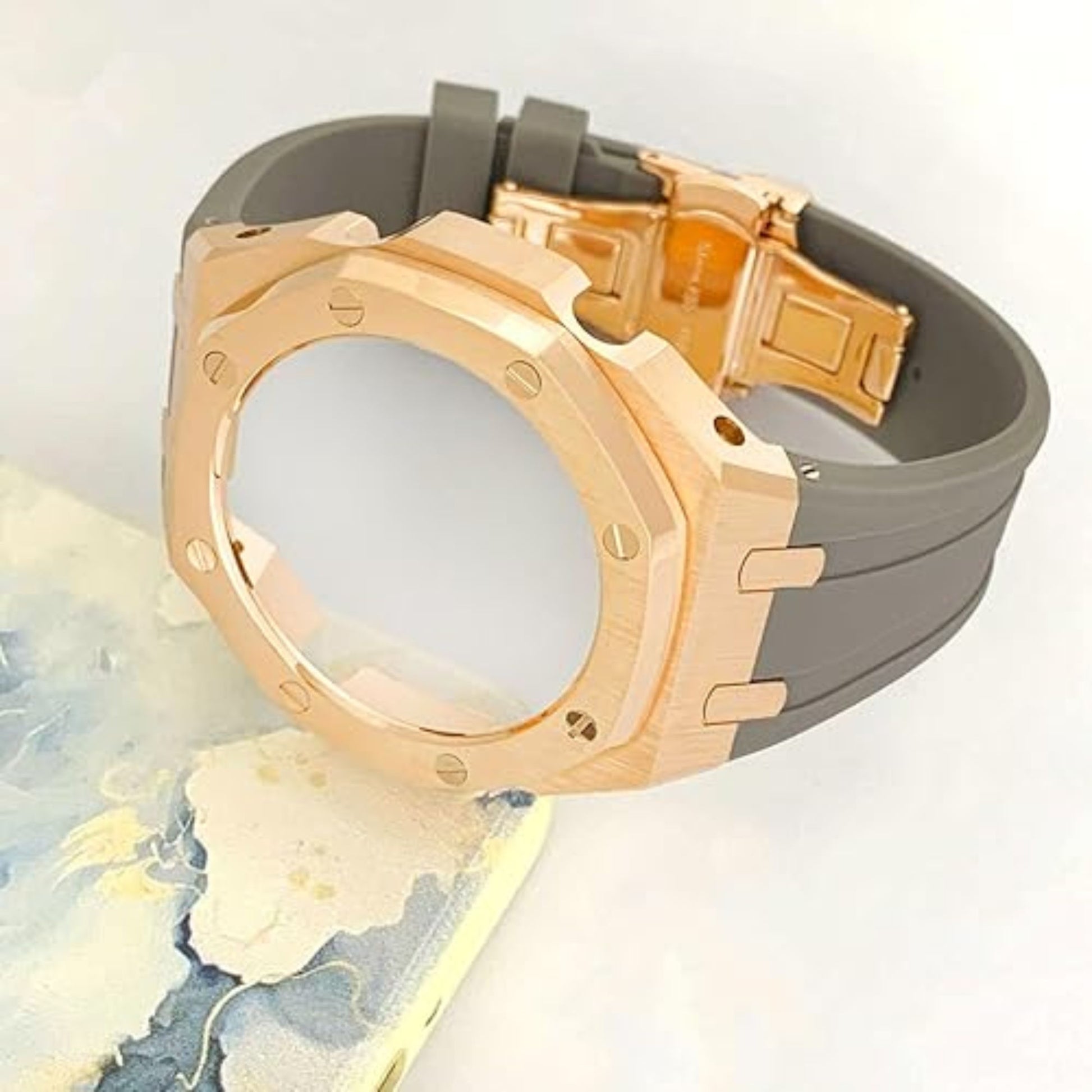 Metal Mod Kit Watchband and Metal Case for G-shock GA-2100 and GA-2110/BA-2100 Casioak[Grey With Rosegold]