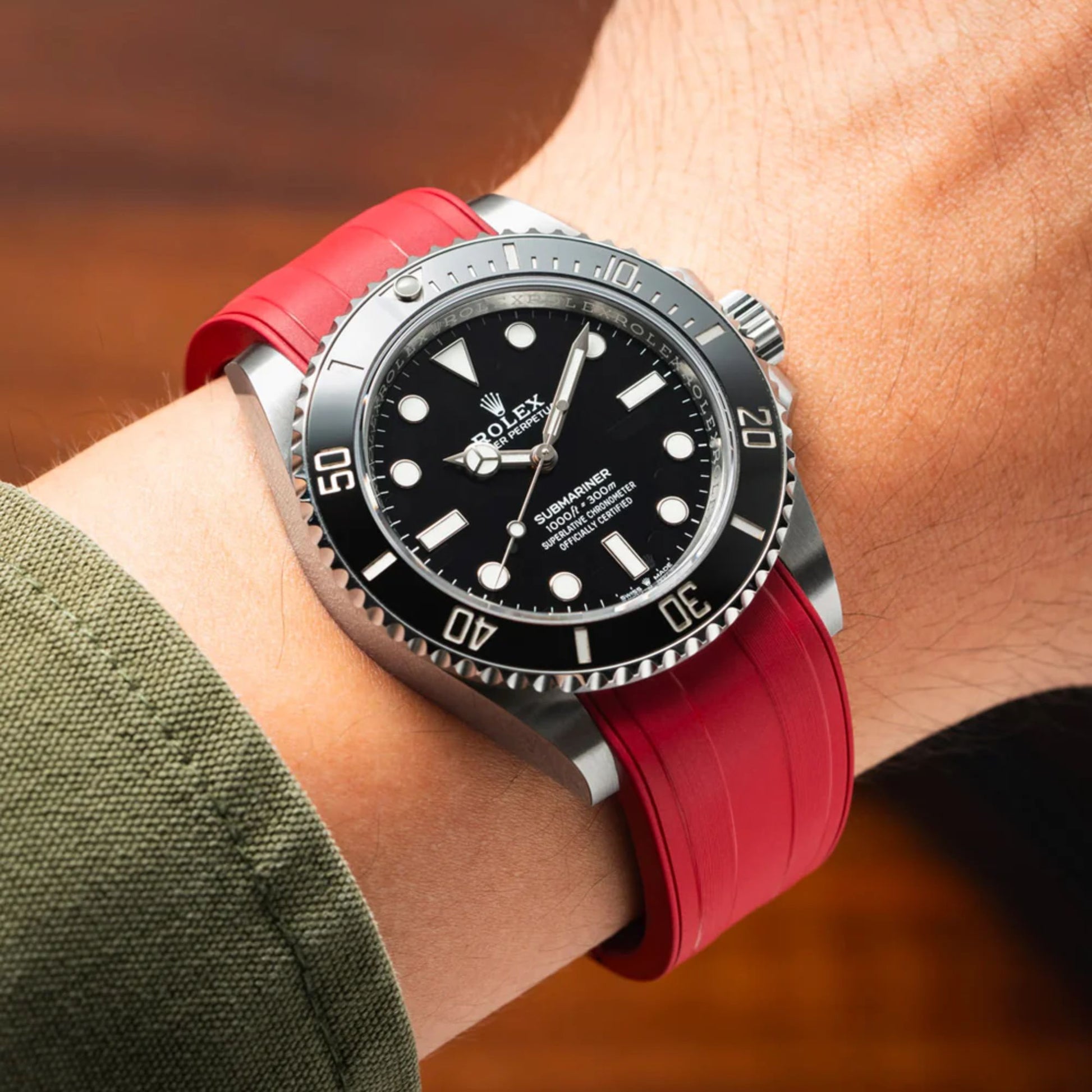 High End Curved FKM Rubber Watch Band with Oyster Style Deployment Clasp: 20 mm - Red with Gold Dual tone