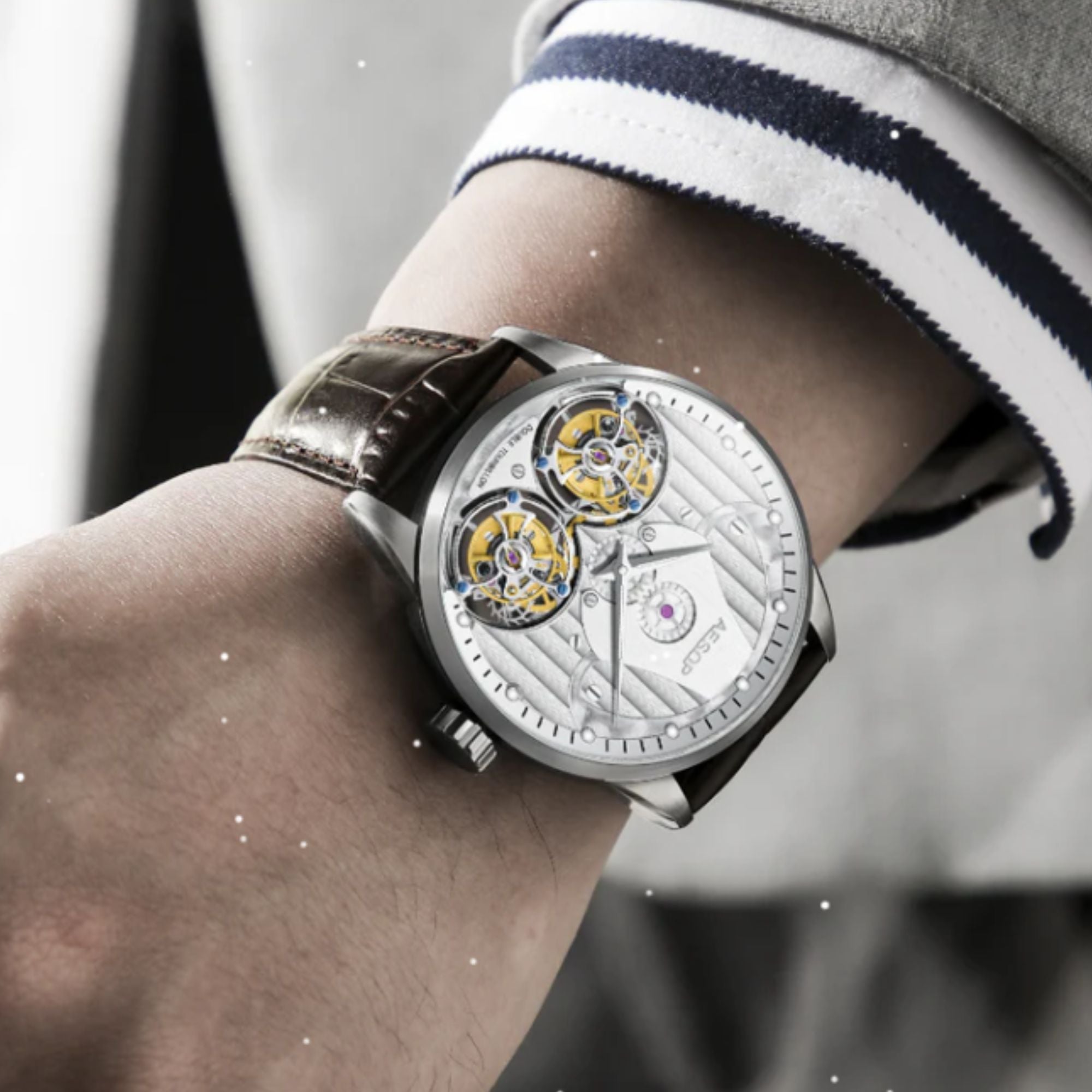 Aesop Double Tourbillon Men Watch Flying Tourbillon Sapphire Crystal  Wristwatch 7030