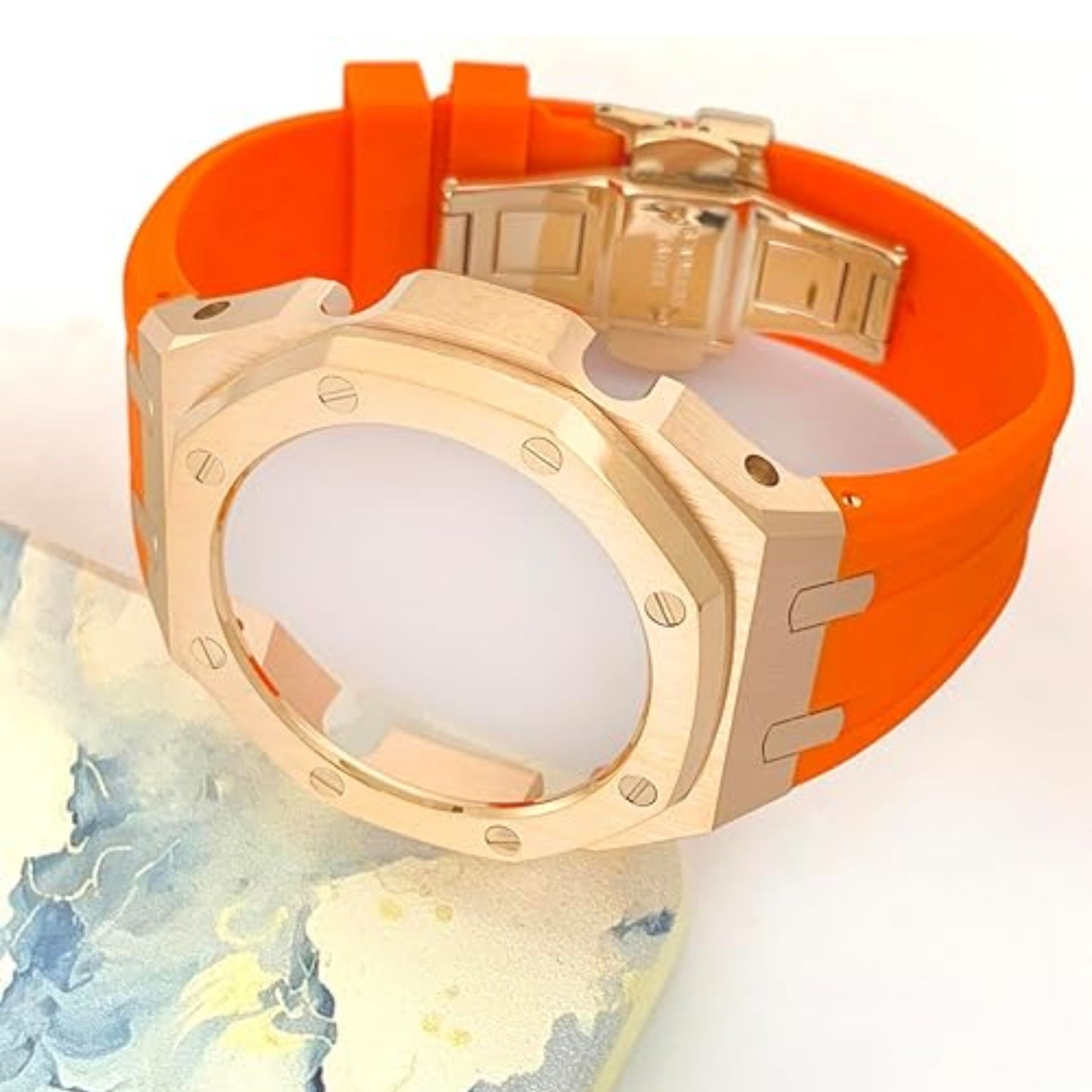 Mod Kit Metal Watchband and Metal Case for G-shock GM-2100 and GM-2110/B-2100 " Casioak"[Orange With Rosegold]