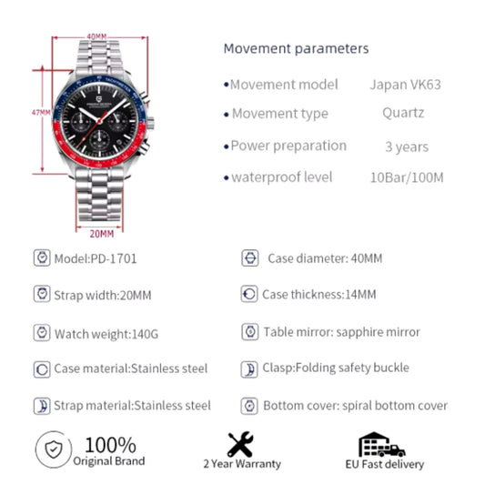 Pagani Design PD-1701 Speedmaster Moonwatch Men's 40mm Seiko VK63 Chronograph Quartz Watch Sapphire Crystal 100m Waterproof Luminous Watch