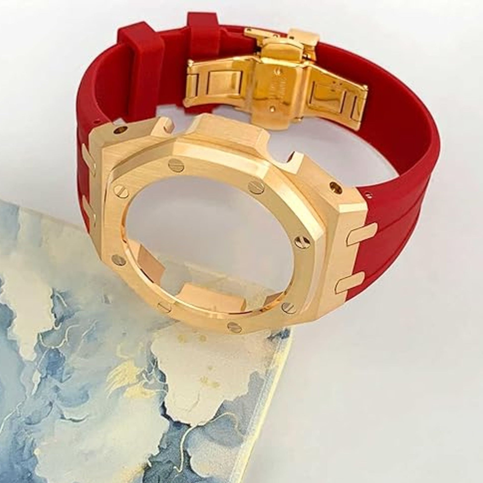 Mod Kit Metal Watchband and Metal Case for G-shock GM-2100 and GM-2110/B-2100 " Casioak"[Red With Rosegold]