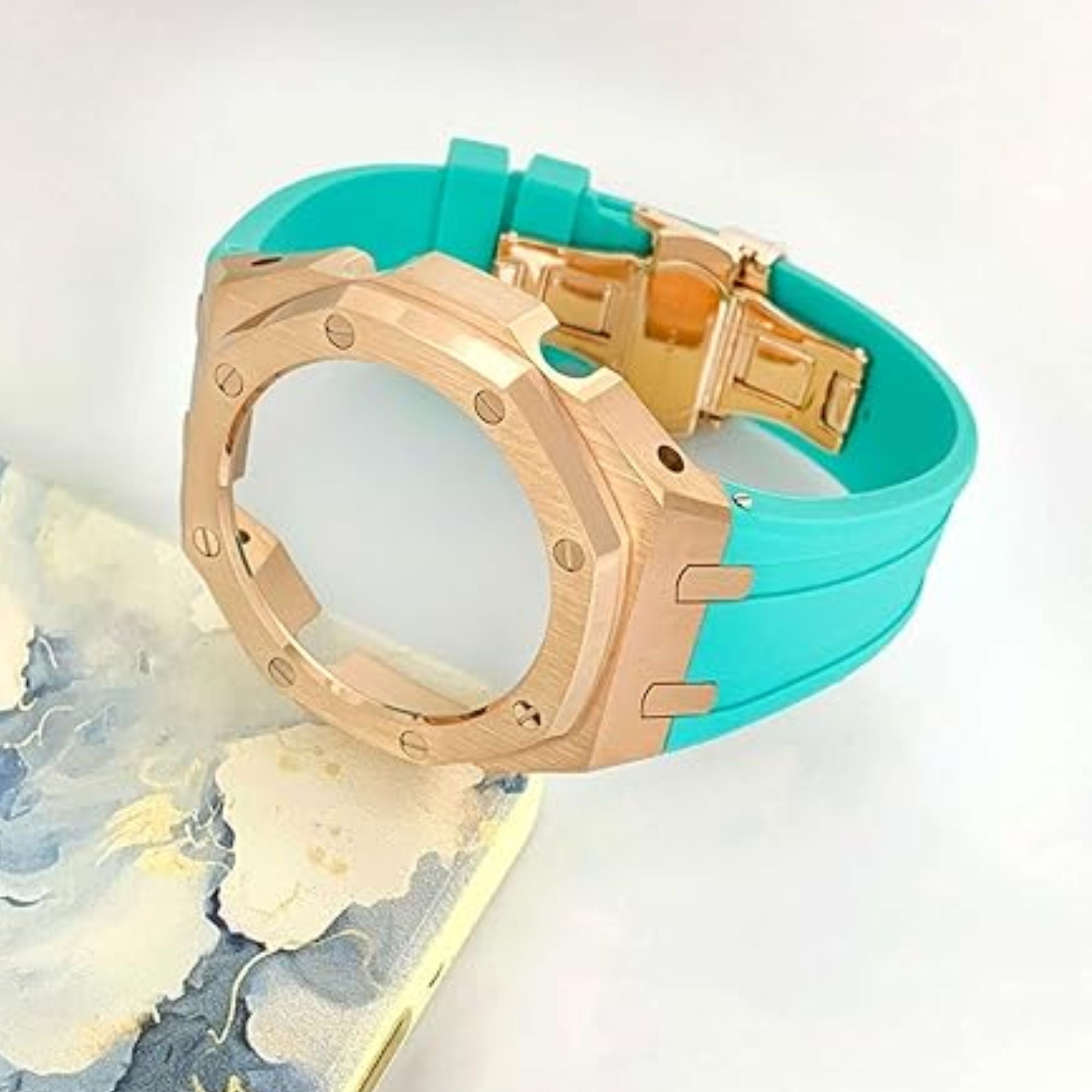 Metal Mod Kit Watchband and Metal Case for G-shock GA-2100 and GA-2110/BA-2100 Casioak[Tiffany blue With Rosegold]
