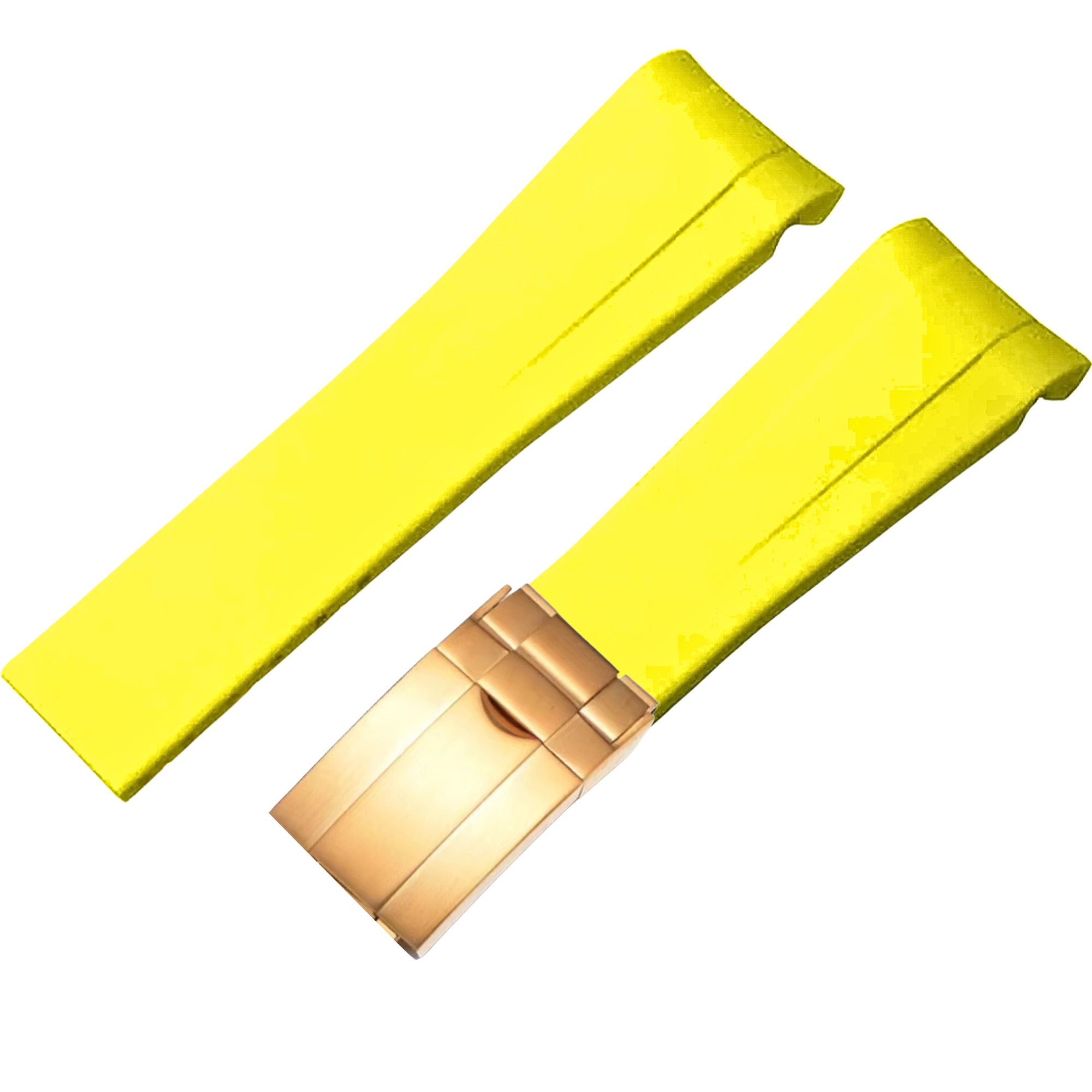 High End Curved FKM Rubber Watch Band With Oyster Style Deployment Clasp: 20 MM - Yellow With Golden