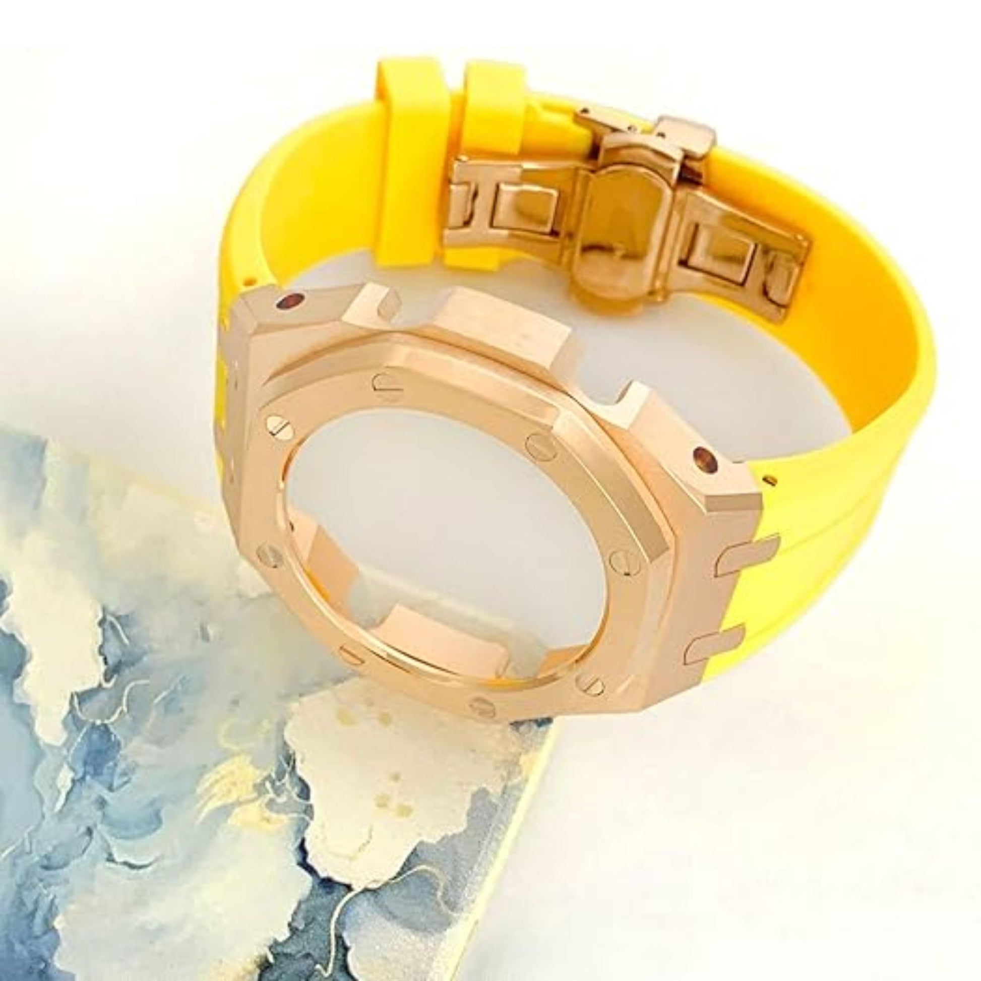 Mod Kit Metal Watchband and Metal Case for G-shock GM-2100 and GM-2110/B-2100 " Casioak"[Yellow With Rosegold]