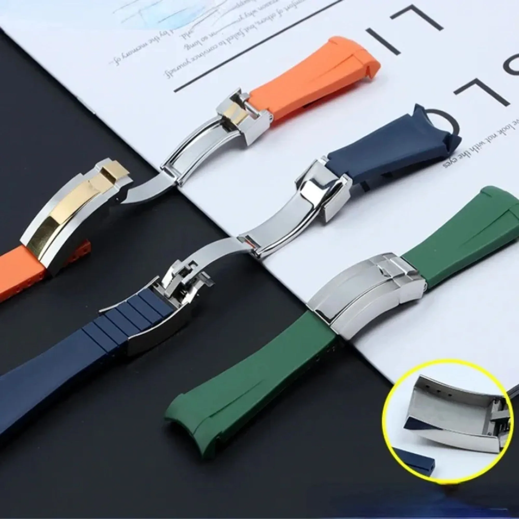 High End Curved FKM Rubber Watch Band With Oyster Style Deployment Clasp: 20 MM - Grey With Rose Gold Dual Tone