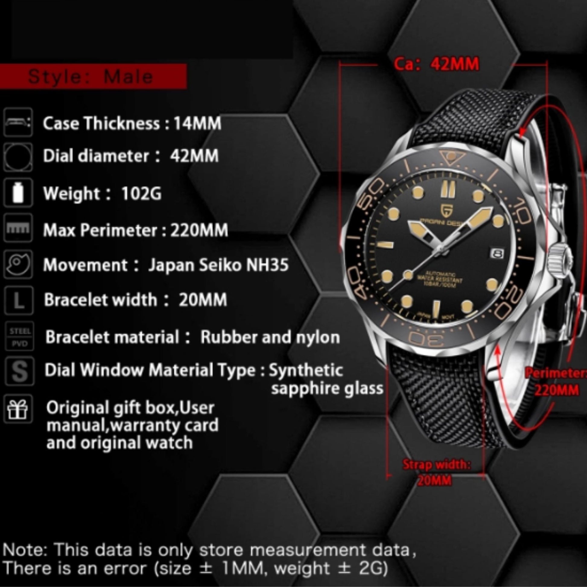 Pagani Design PD-1667 40mm Mens Automatic Waterproof Mechanical Watch with (Japanese NH-35 Movement) 007 Seamaster - Mesh Strap