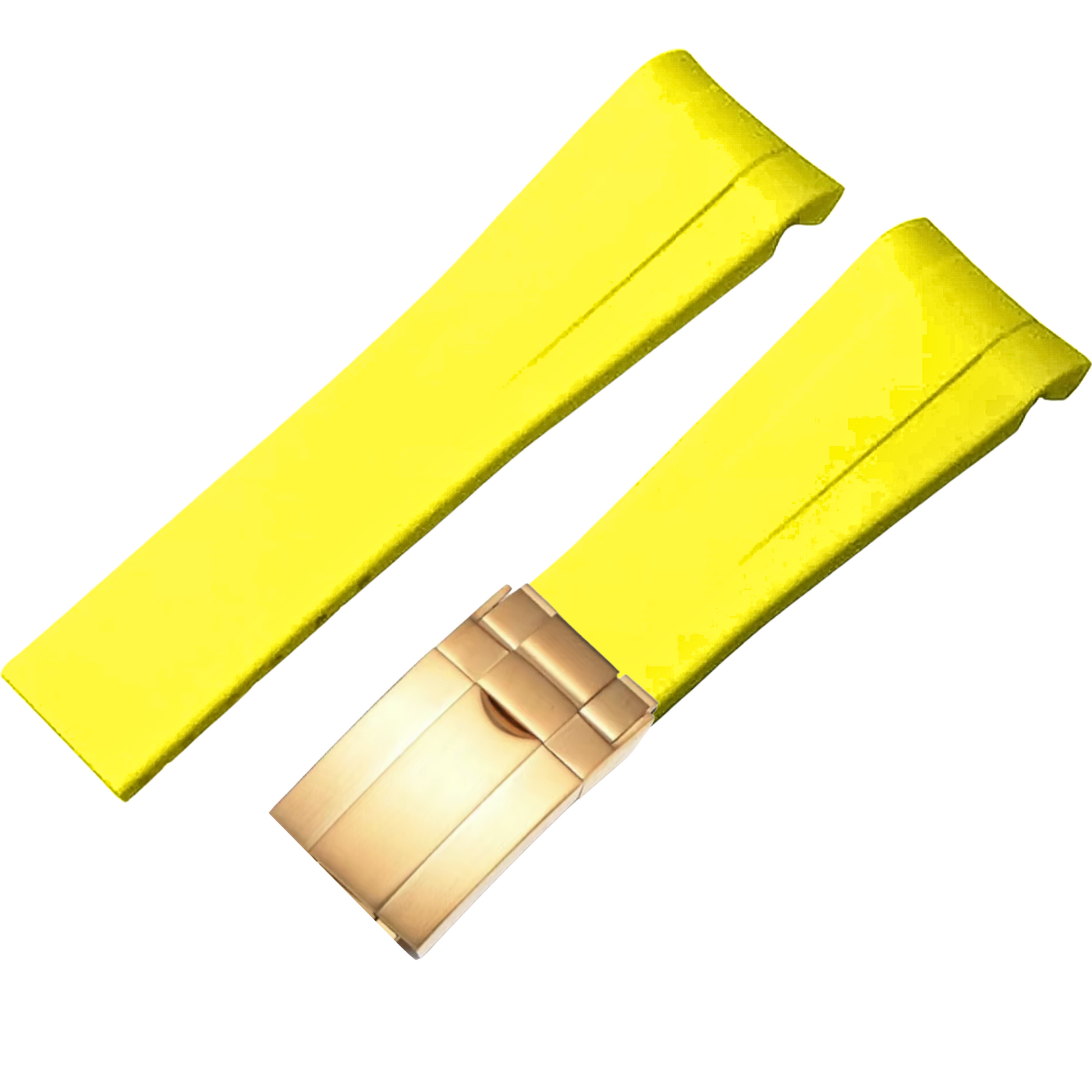 High End Curved FKM Rubber Watch Band With Oyster Style Deployment Clasp: 20 MM - Yellow With Rose Gold