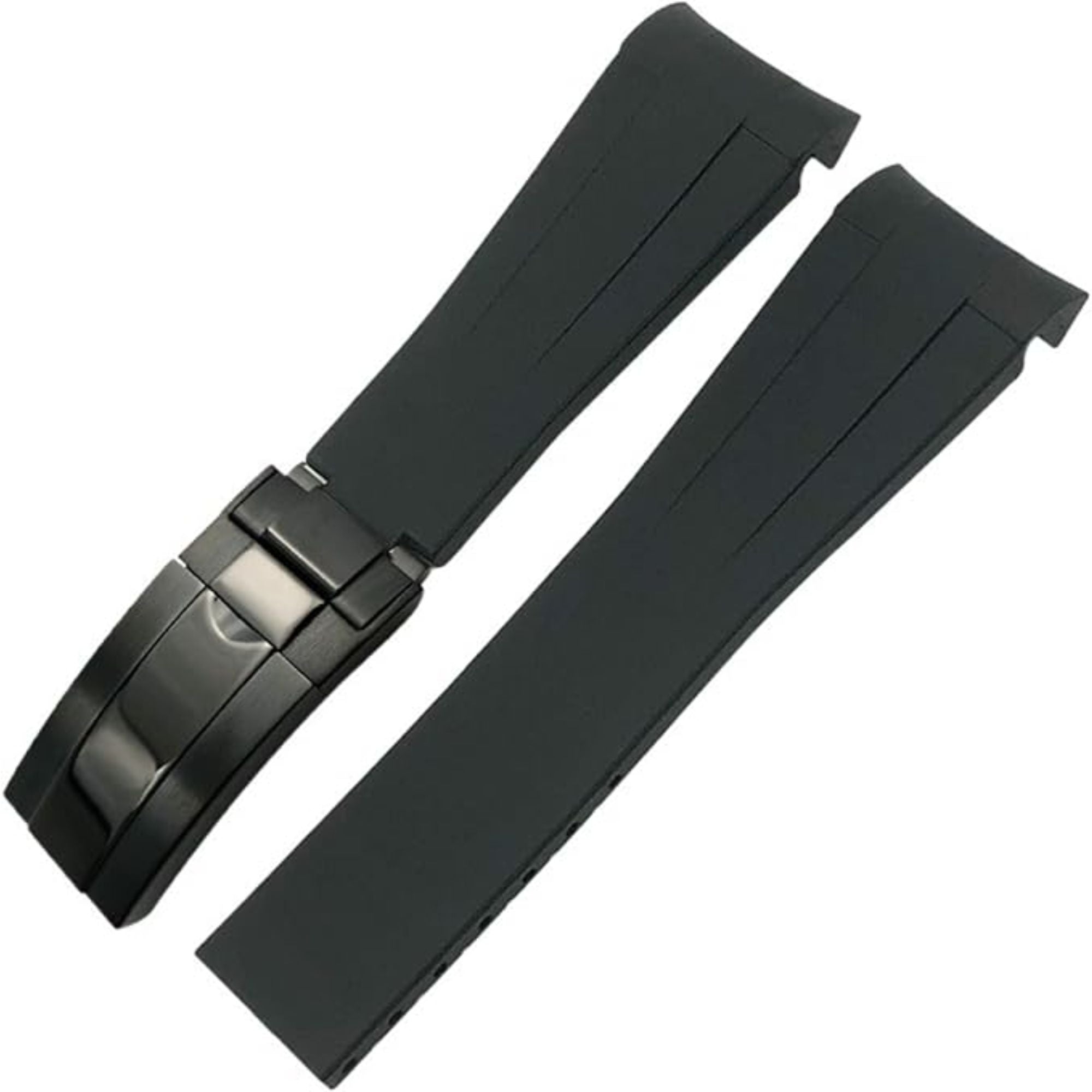High End Curved FKM Rubber Watch Strap - Oyster Style Deployment Clasp 20mm - Black with Black Clasp