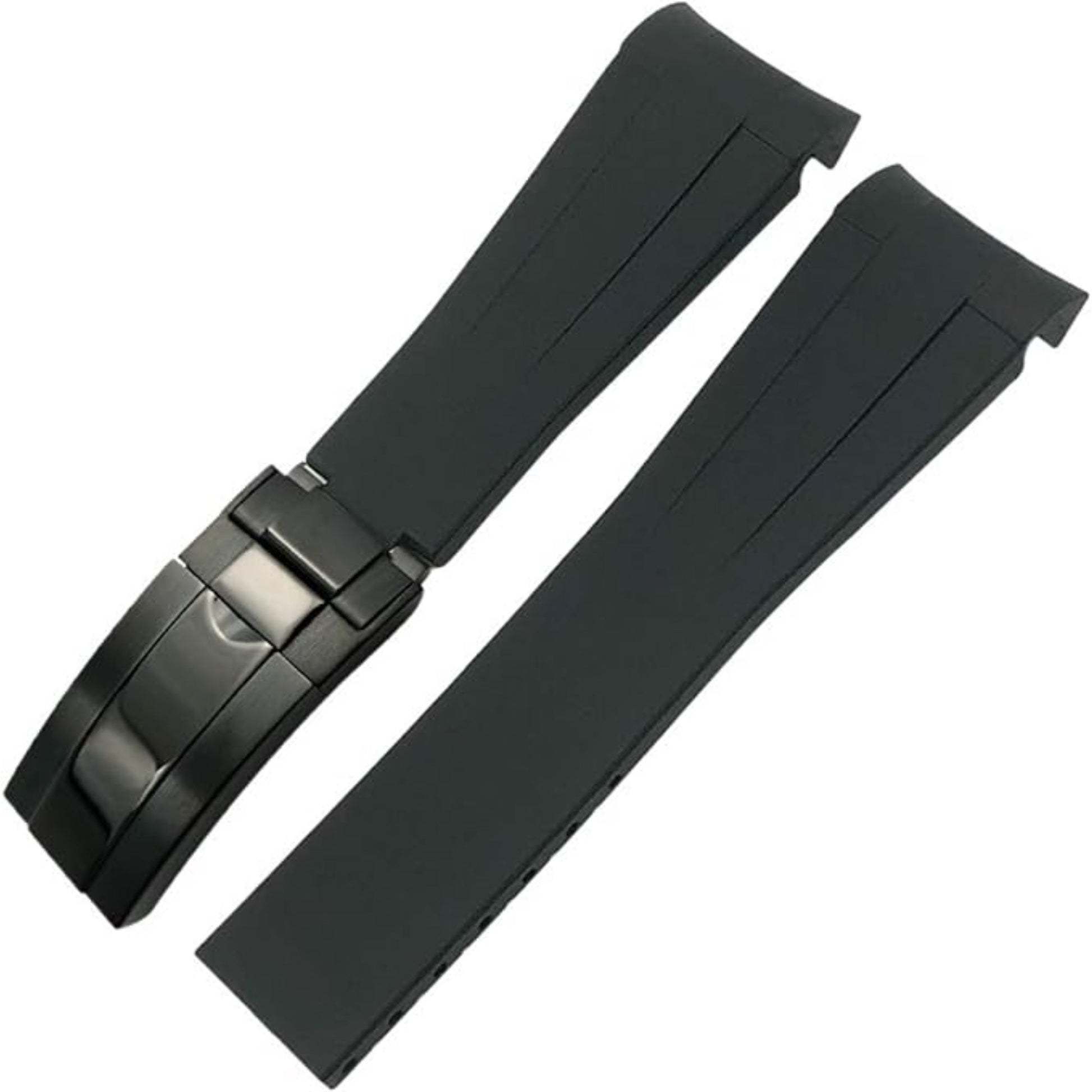 High End Curved FKM Rubber Watch Strap - Oyster Style Deployment Clasp 20mm - Black with Black Clasp