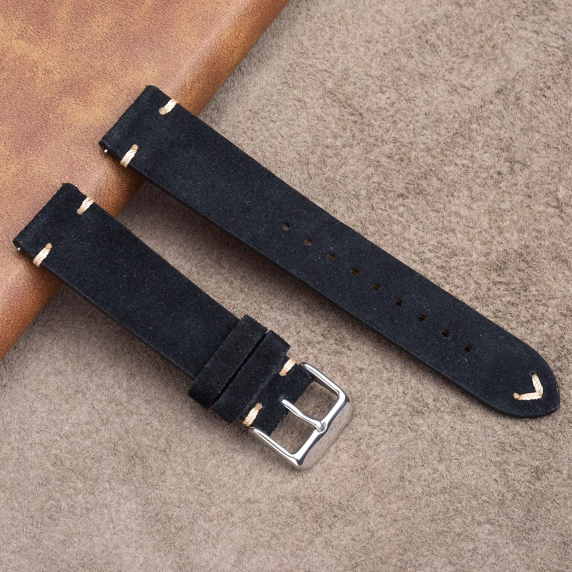 Suede Handmade Leather Watch Strap with Quick Release 20mm - Black