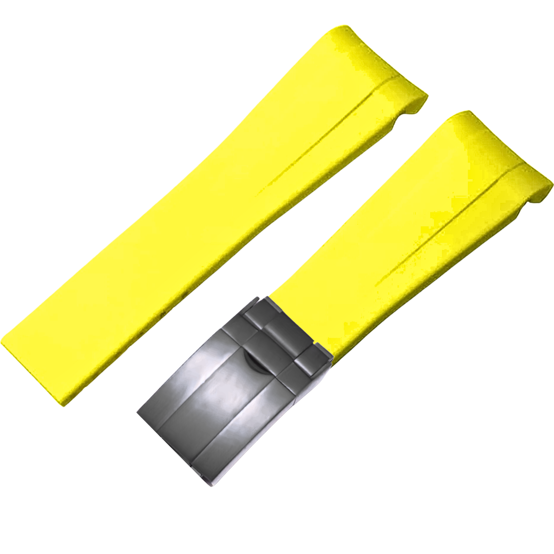 High End Curved FKM Rubber Watch Band With Oyster Style Deployment Clasp: 20 Mm - Yellow With Black Buckle