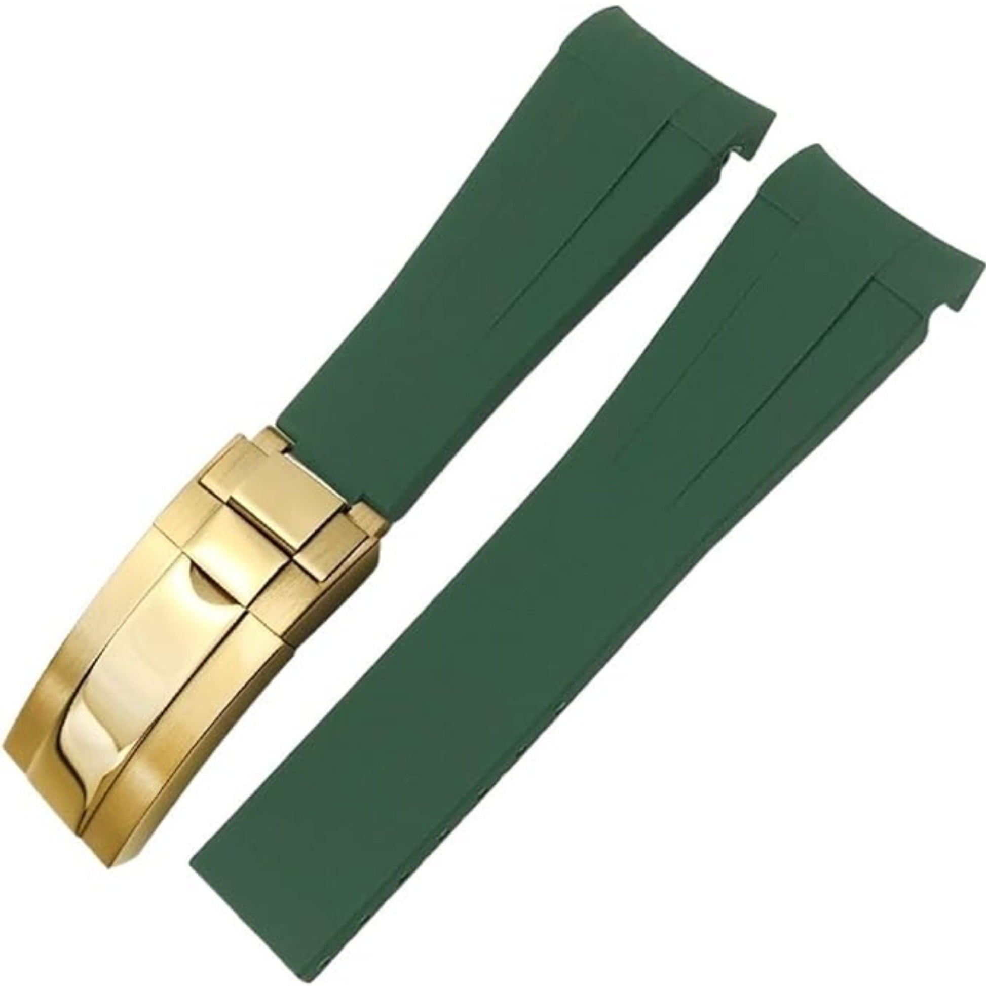 High End Curved FKM Rubber Watch Strap - Oyster Style Deployment Clasp 20mm - Green with Golden Clasp